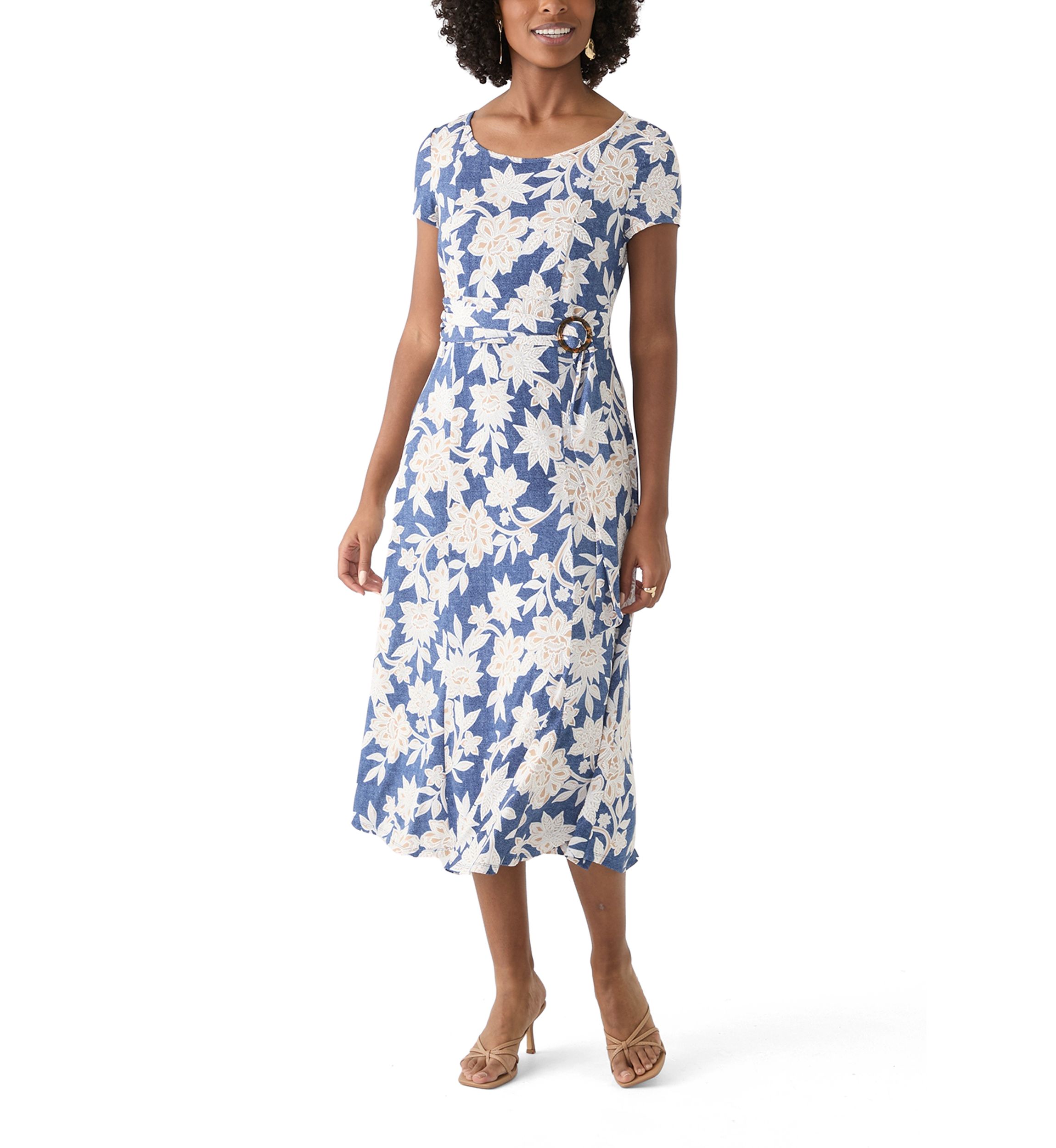 Womens Short Sleeve Crew Neck Floral Print Dress