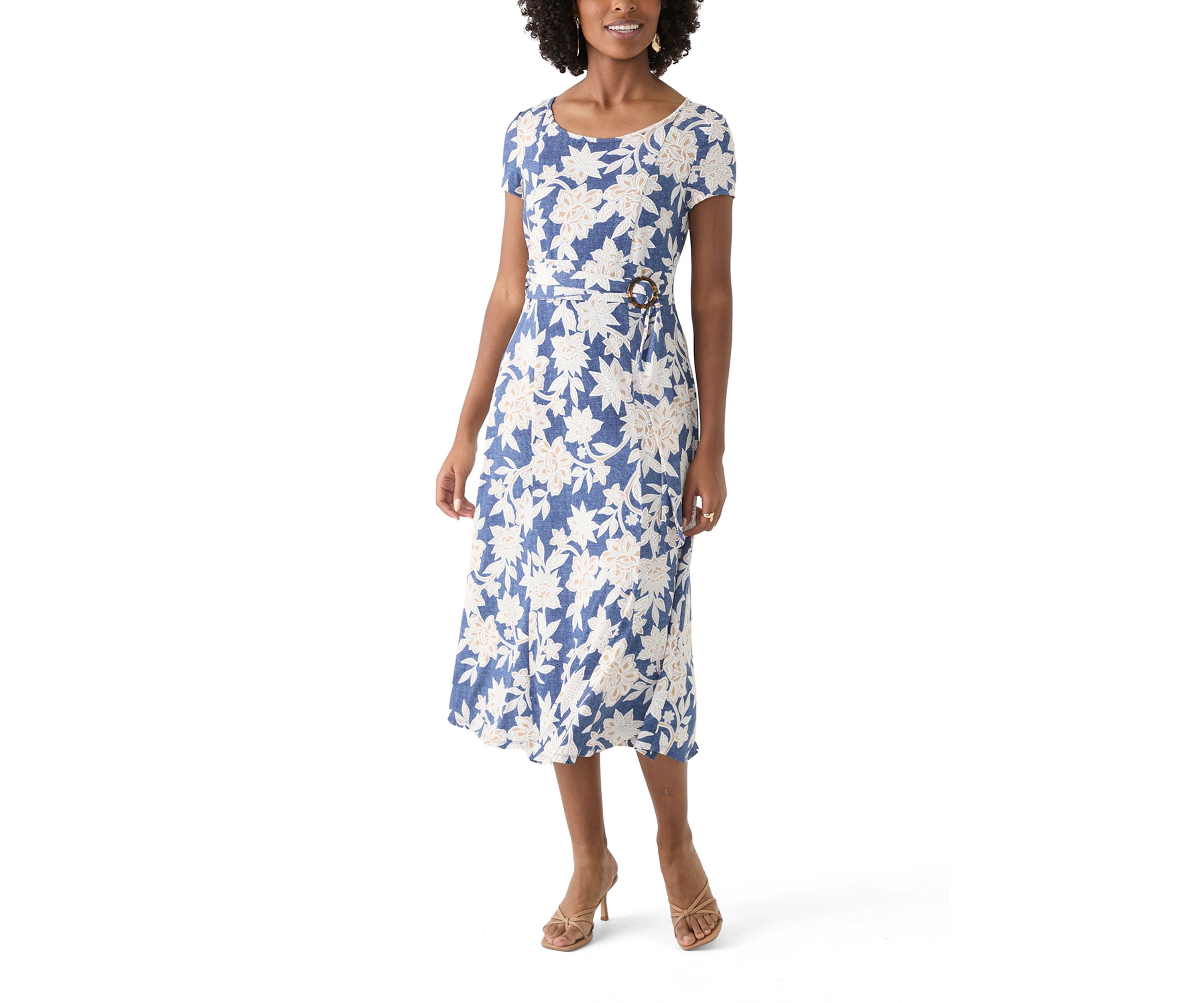 Womens Short Sleeve Crew Neck Floral Print Dress