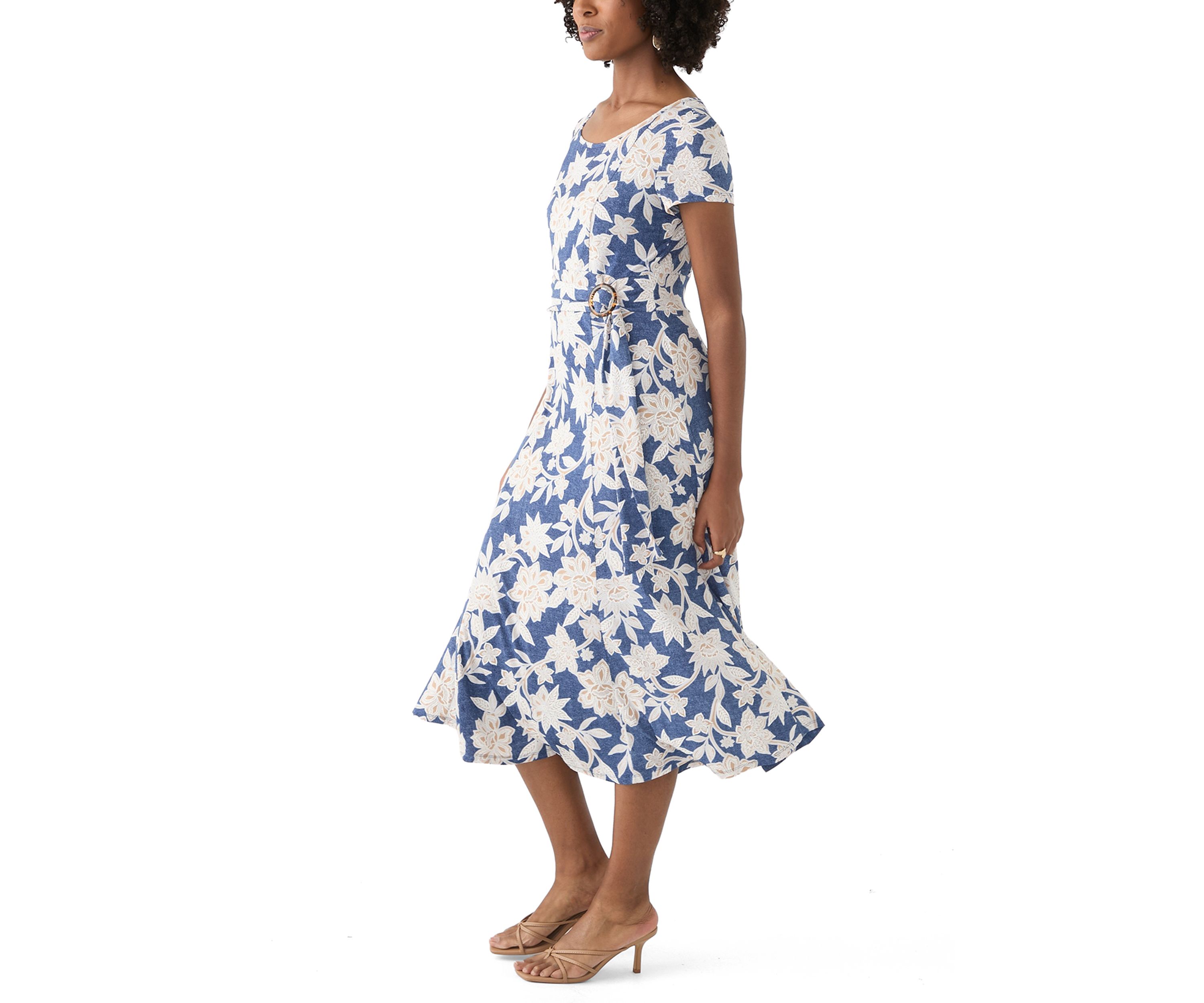 Womens Short Sleeve Crew Neck Floral Print Dress