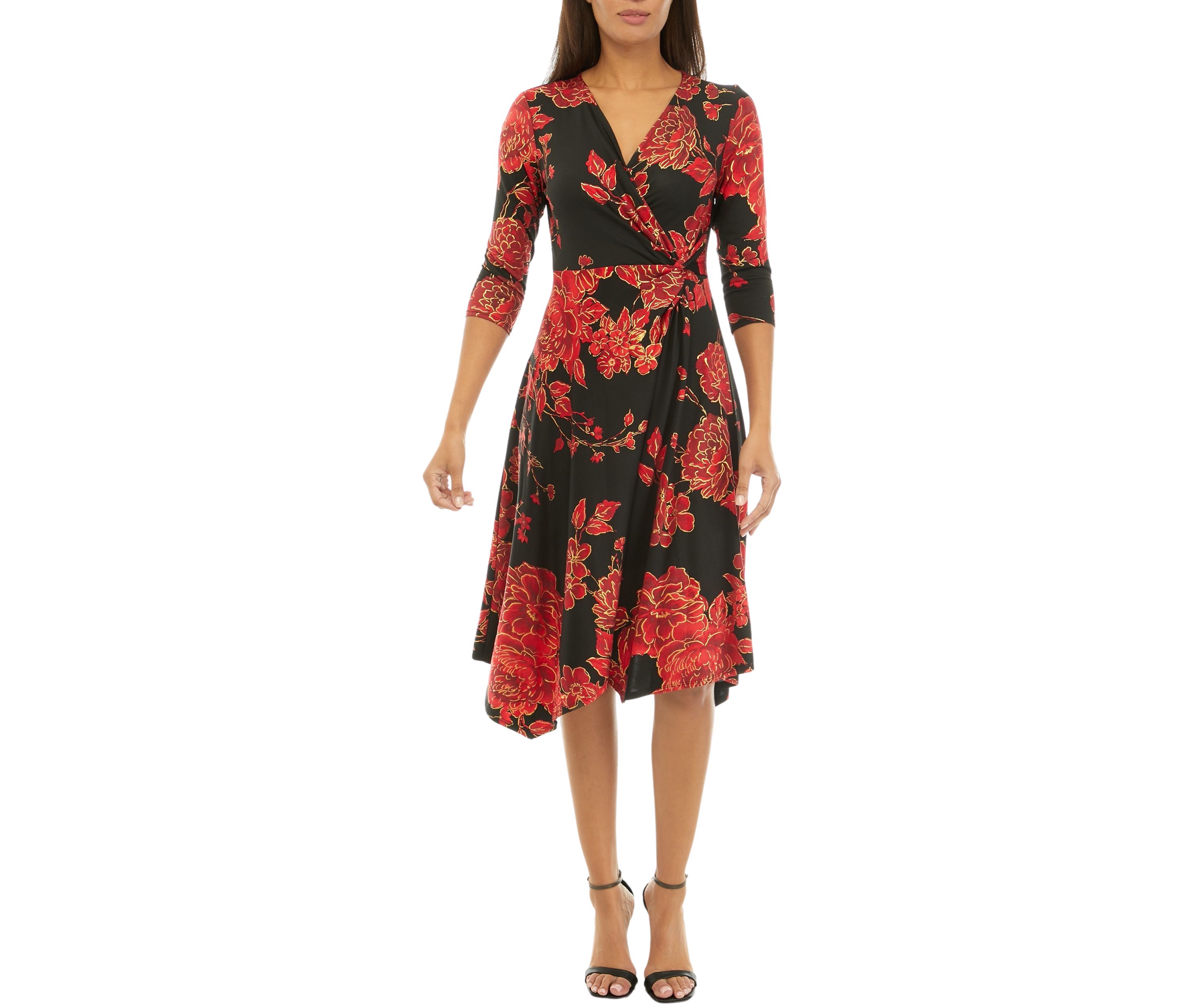 Womens 3/4 Sleeve Foil Floral Print Side Knot Midi Dress