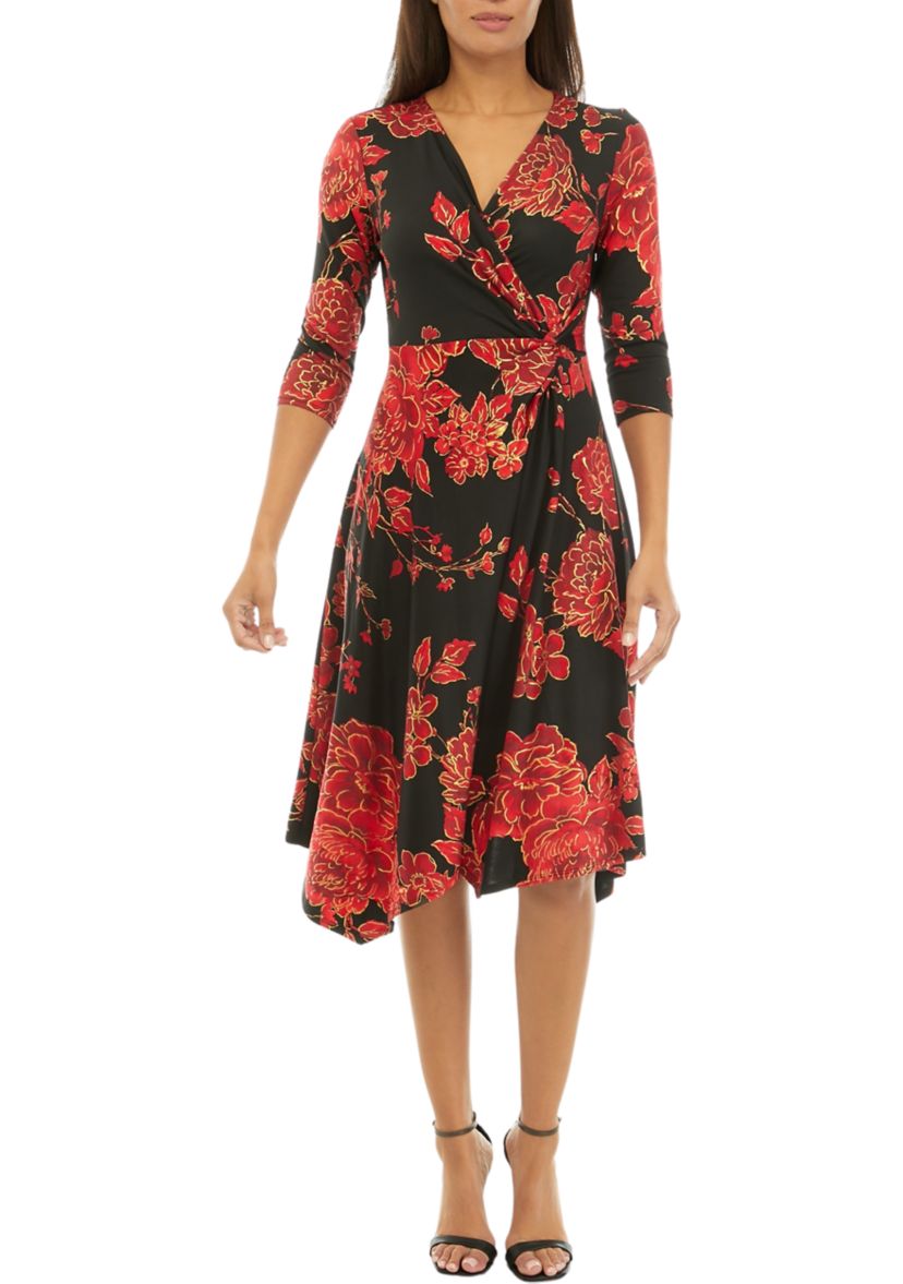 Womens 3/4 Sleeve Foil Floral Print Side Knot Midi Dress