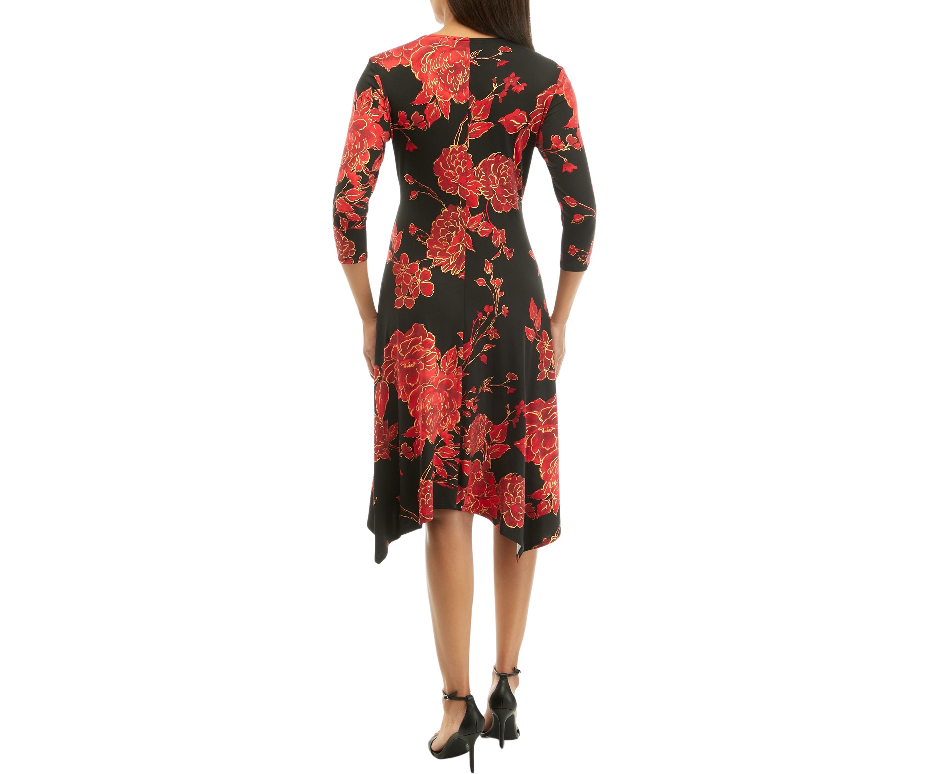 Womens 3/4 Sleeve Foil Floral Print Side Knot Midi Dress