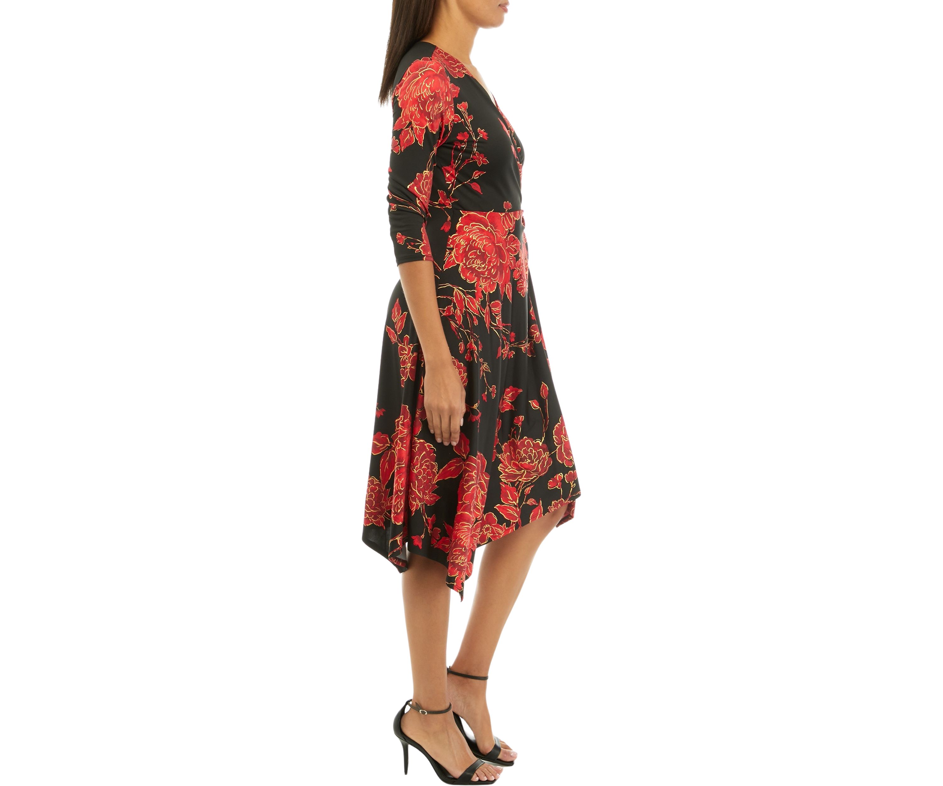Womens 3/4 Sleeve Foil Floral Print Side Knot Midi Dress