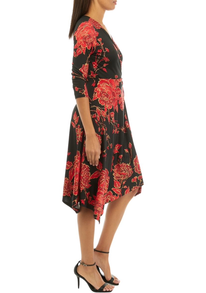 Womens 3/4 Sleeve Foil Floral Print Side Knot Midi Dress