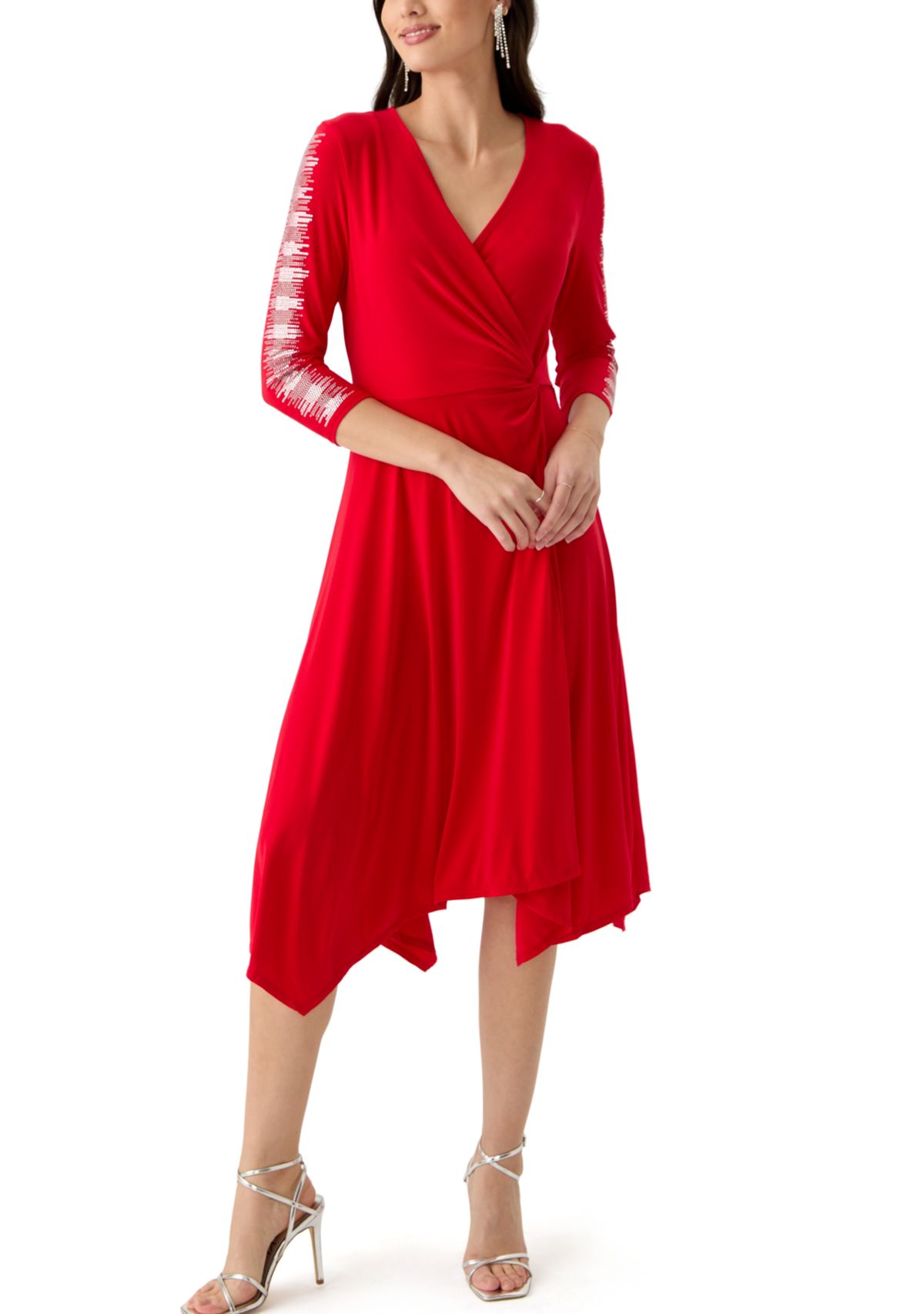 Womens 3/4 Sleeve V-Neck Solid Fit and Flare Dress