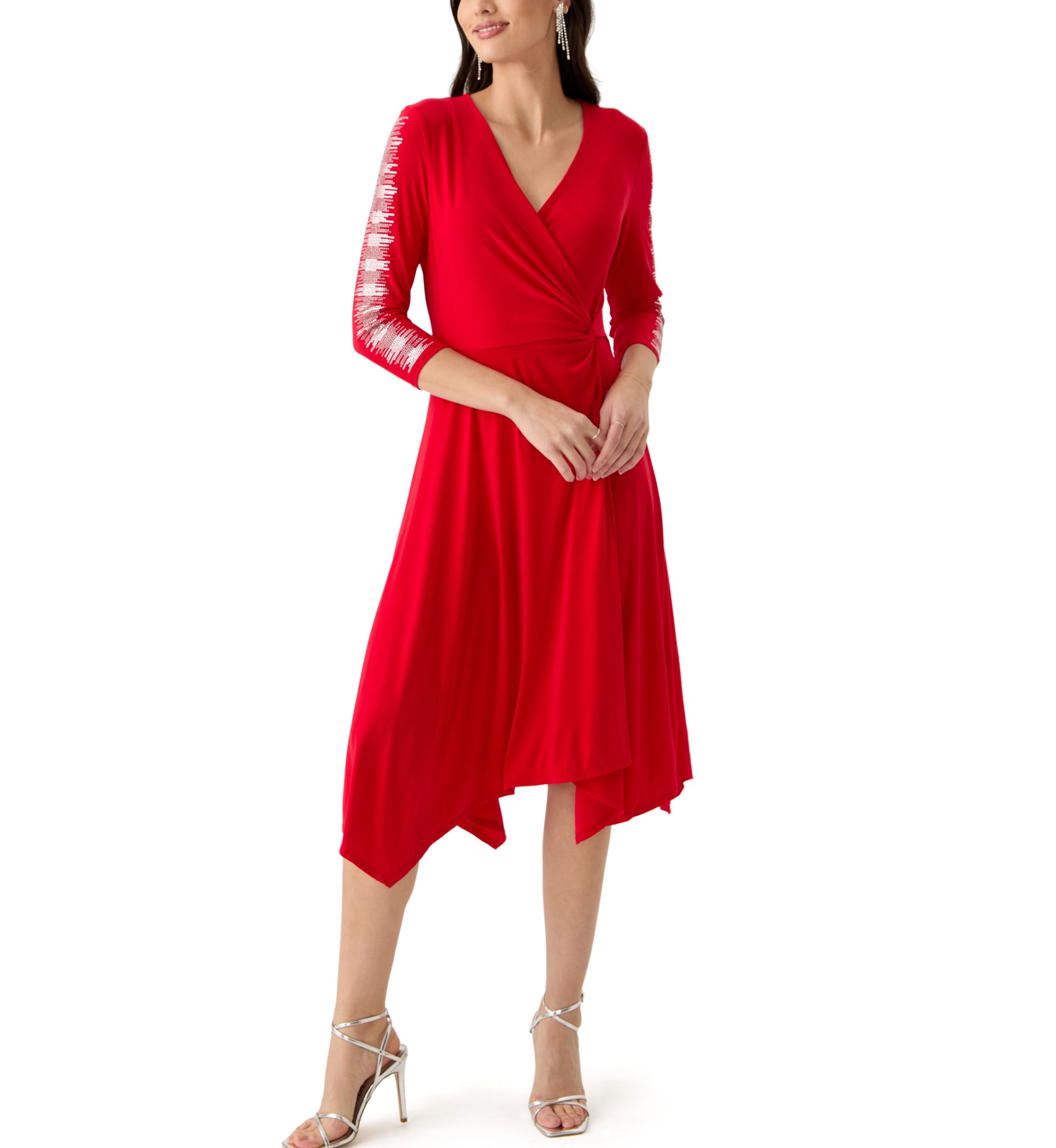 Womens 3/4 Sleeve V-Neck Solid Fit and Flare Dress