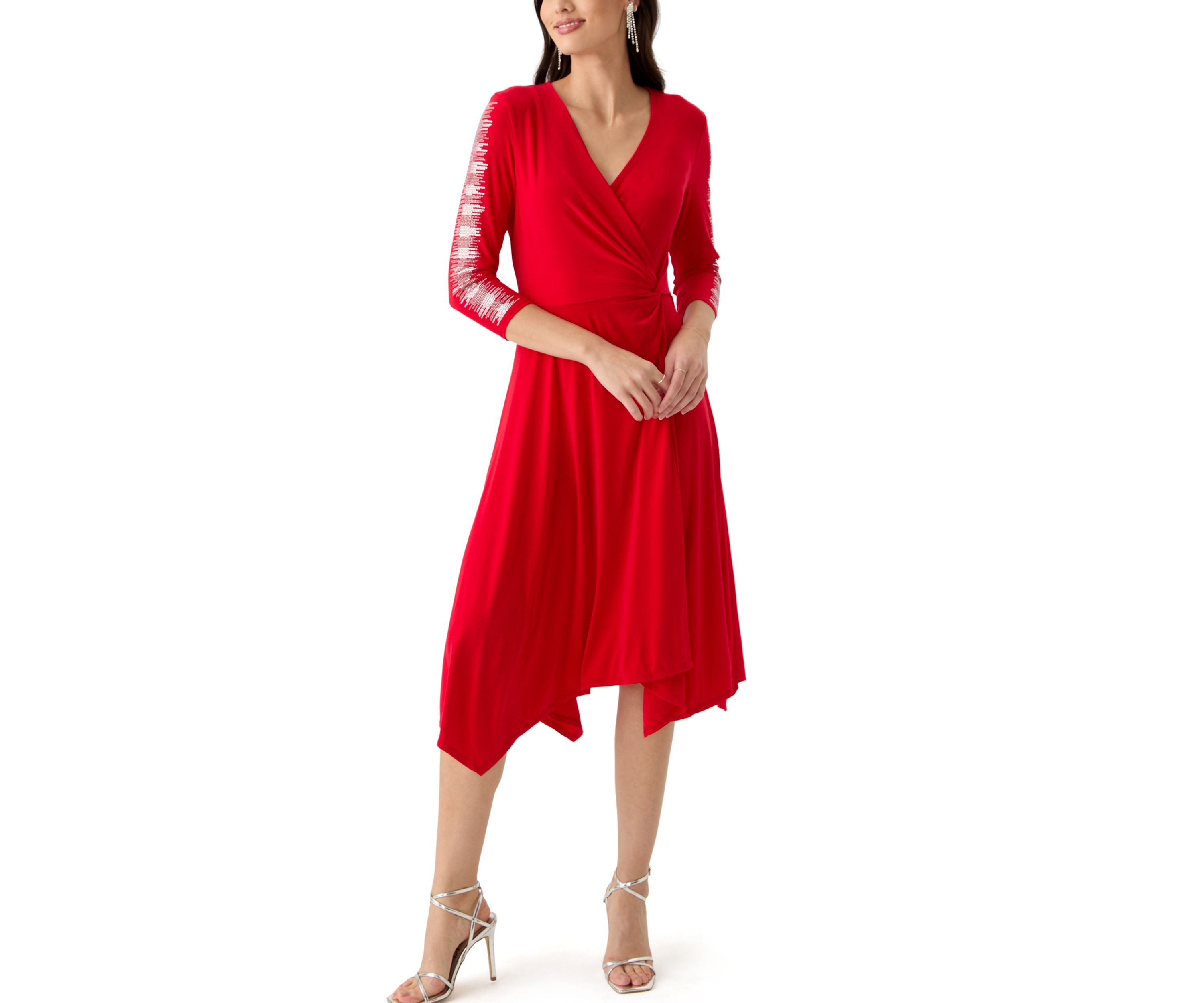 Womens 3/4 Sleeve V-Neck Solid Fit and Flare Dress
