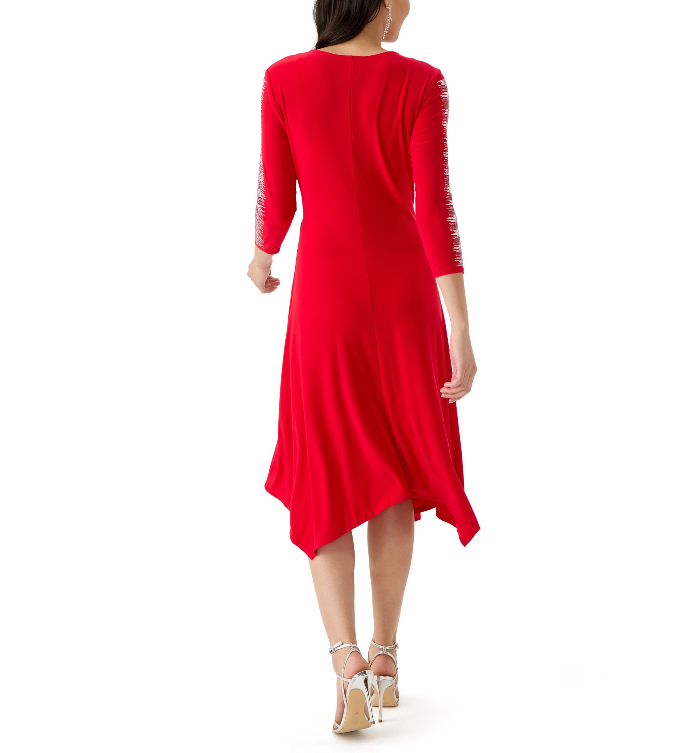Womens 3/4 Sleeve V-Neck Solid Fit and Flare Dress