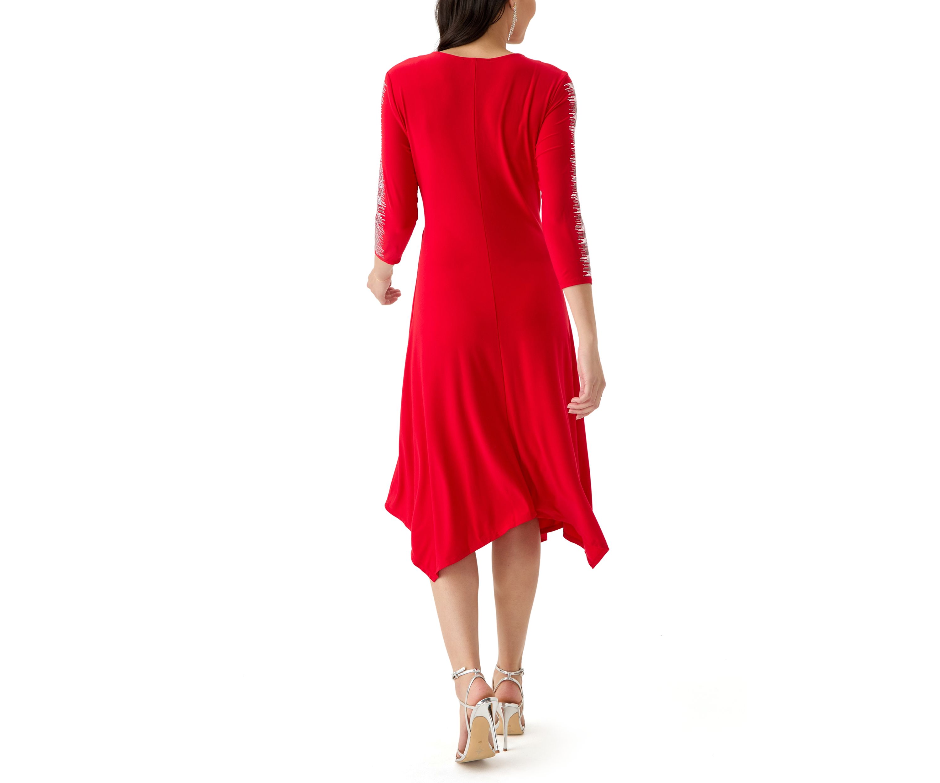 Womens 3/4 Sleeve V-Neck Solid Fit and Flare Dress