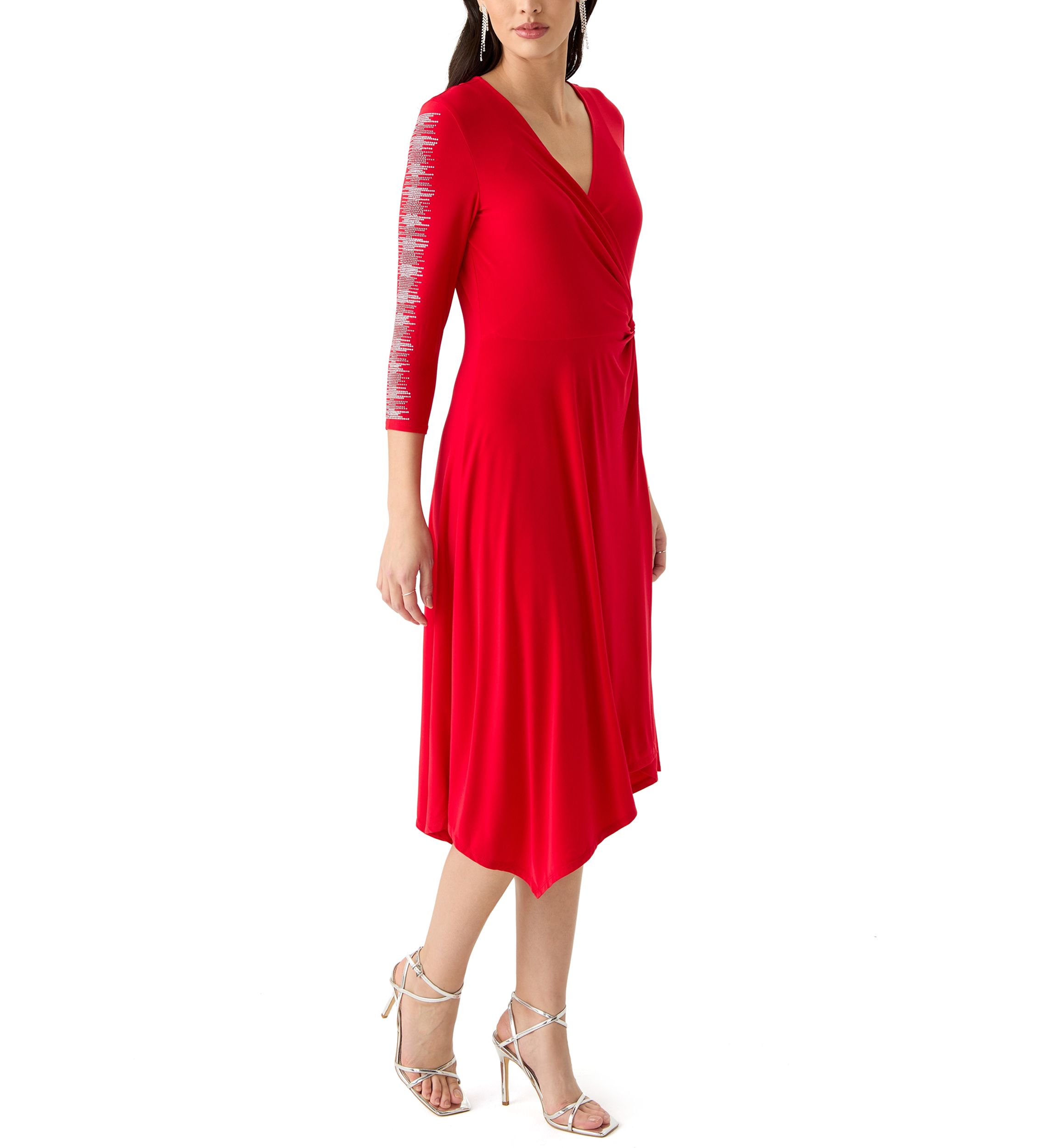 Womens 3/4 Sleeve V-Neck Solid Fit and Flare Dress