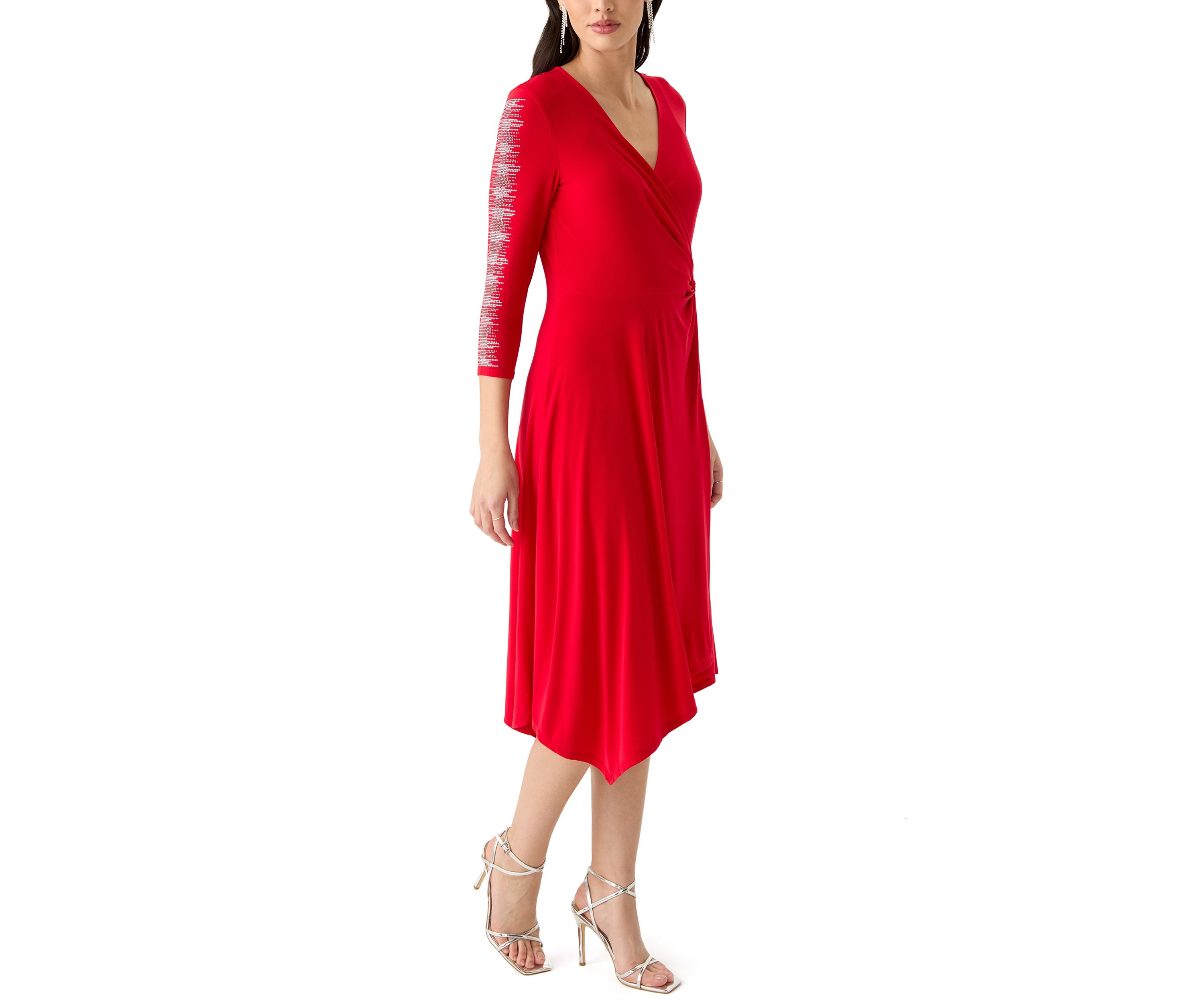 Womens 3/4 Sleeve V-Neck Solid Fit and Flare Dress