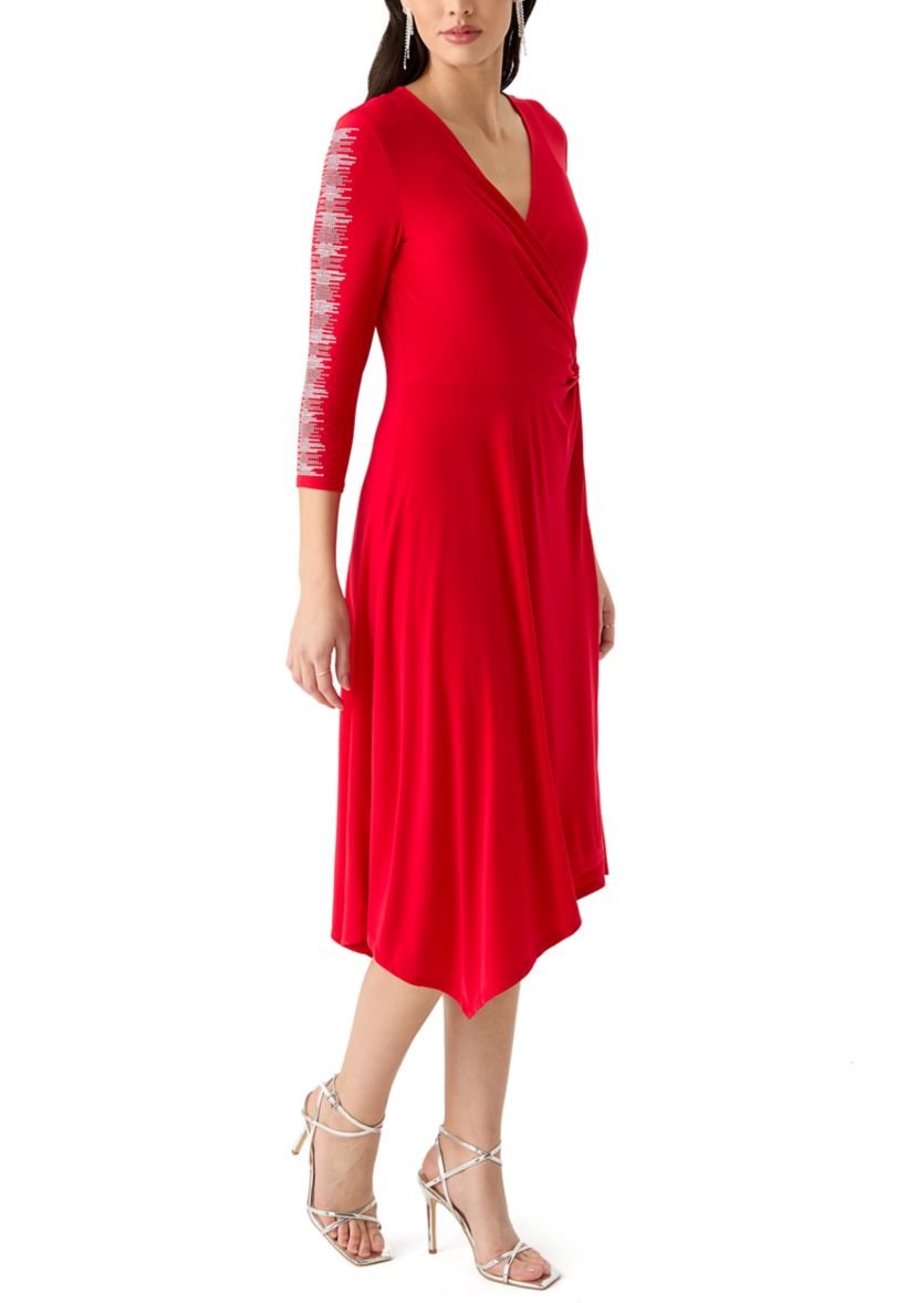 Womens 3/4 Sleeve V-Neck Solid Fit and Flare Dress