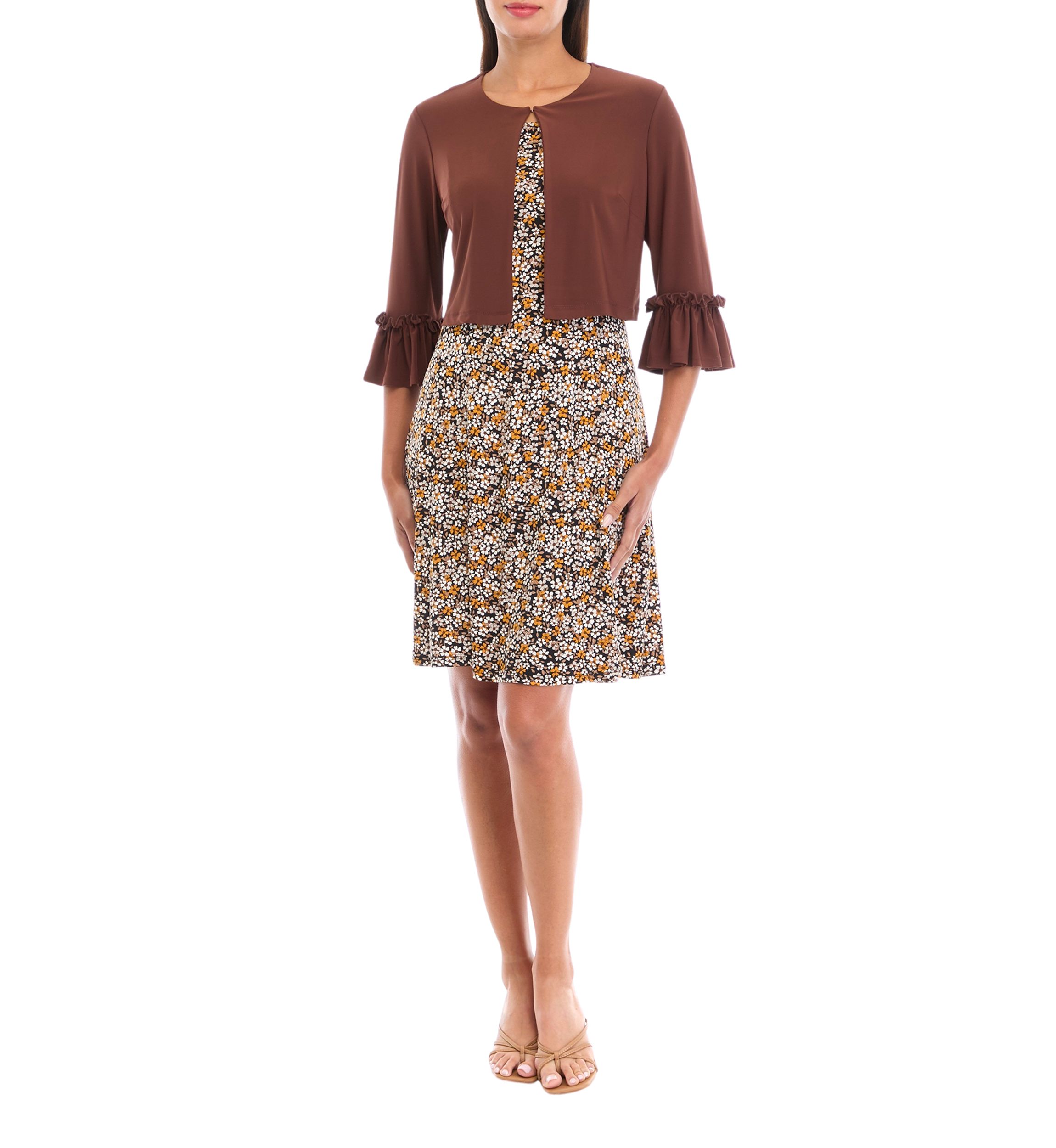 Womens 3/4 Sleeve Printed Crew Neck Jacket Dress