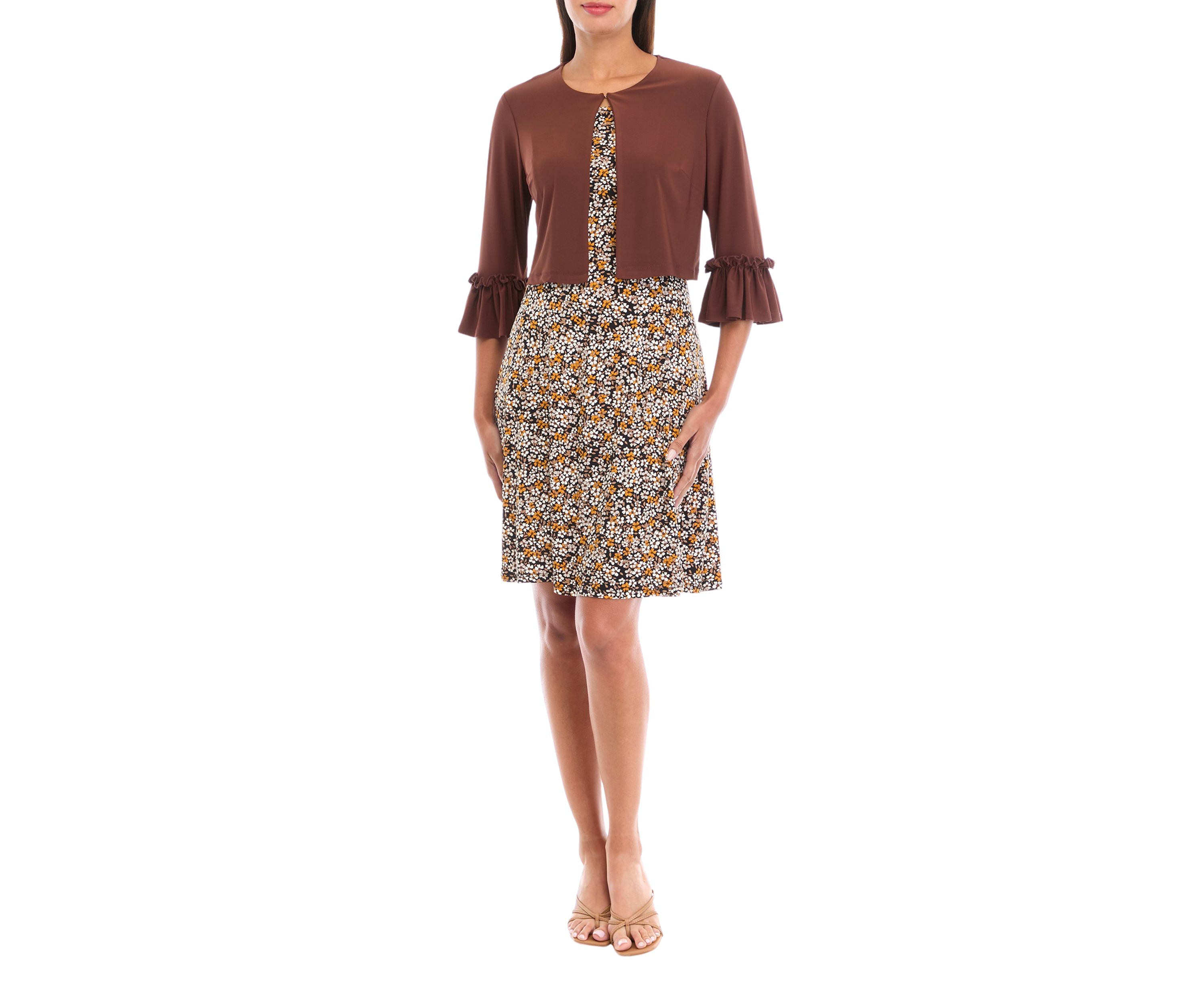 Womens 3/4 Sleeve Printed Crew Neck Jacket Dress