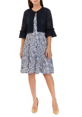 Women's 3/4 Sleeve Crochet Jacket and Printed Lace Pattern Dress