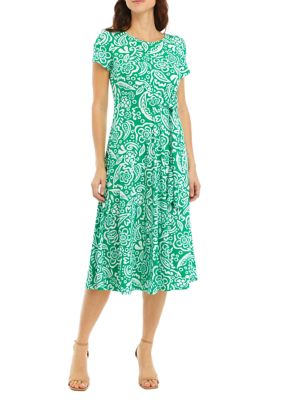 Women's Short Sleeve Side Tie Abstract Paisley Print Midi Dress