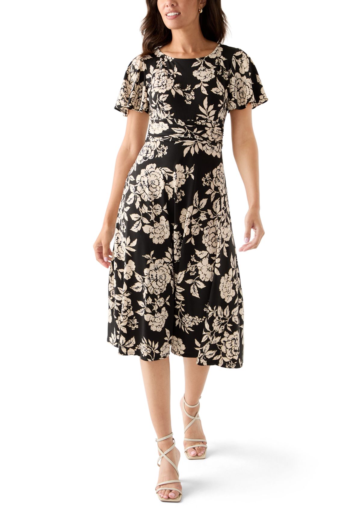Womens Short Sleeve Floral Print Fit-and-Flare Dress