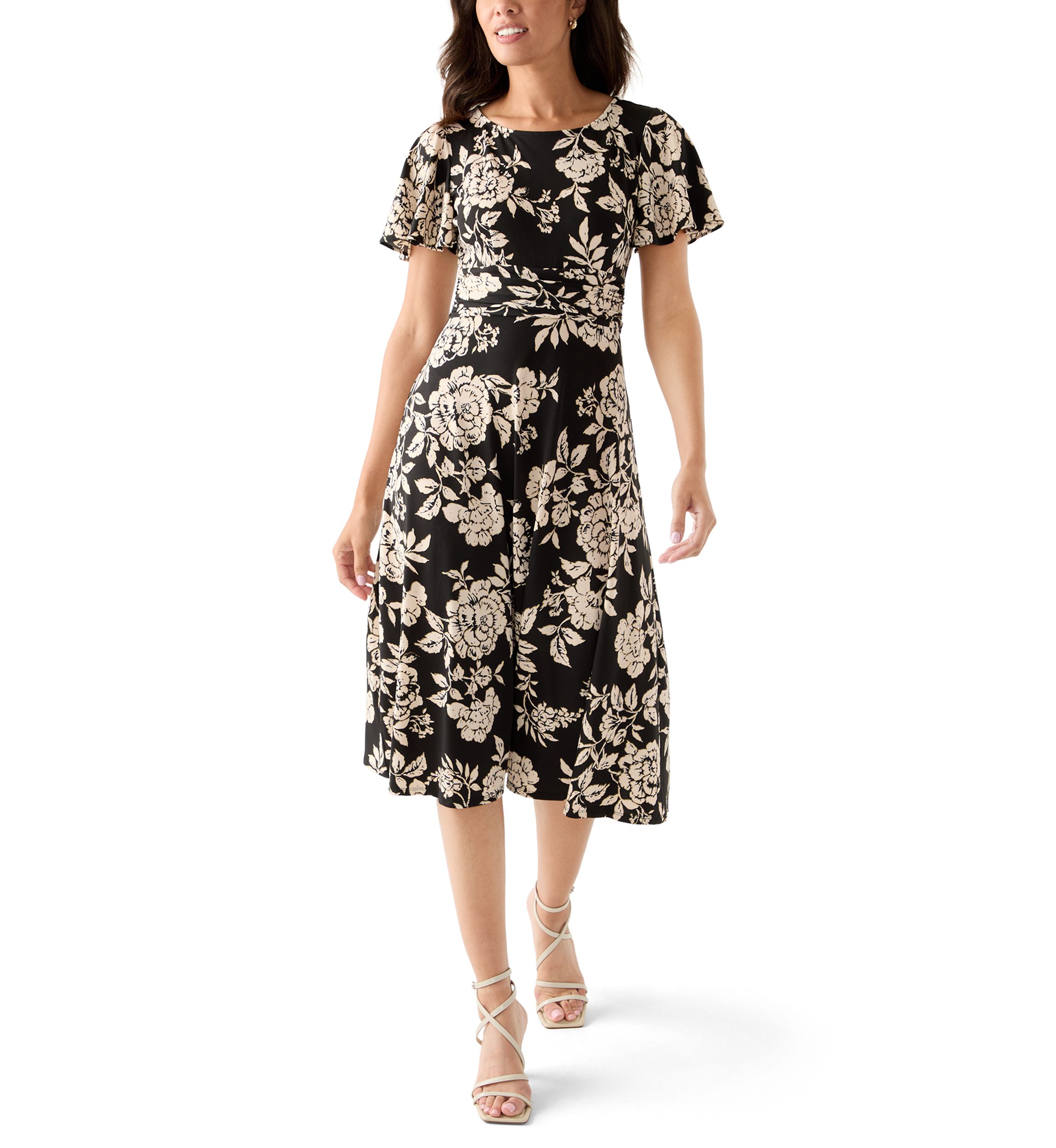 Womens Short Sleeve Floral Print Fit-and-Flare Dress