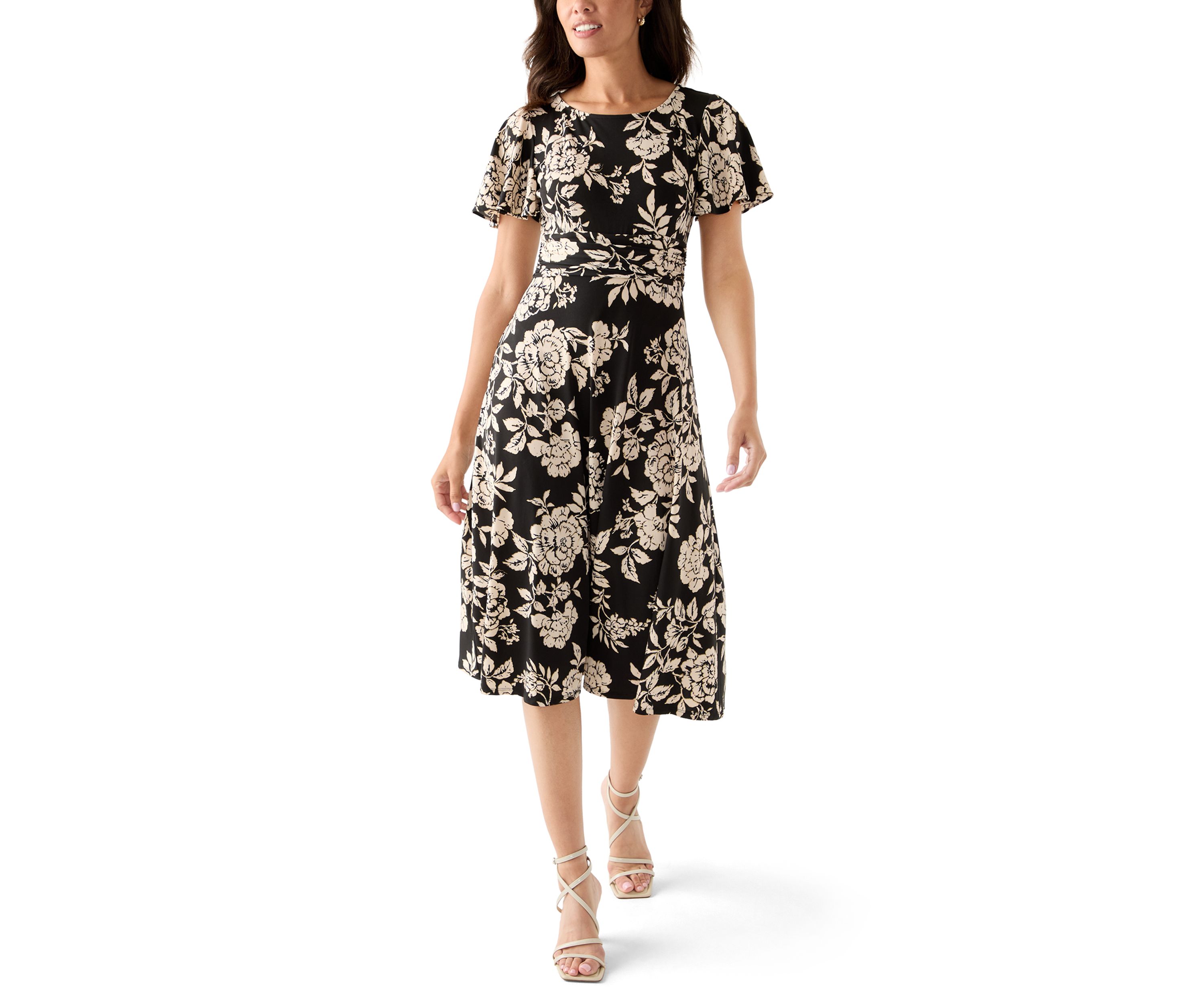 Womens Short Sleeve Floral Print Fit-and-Flare Dress