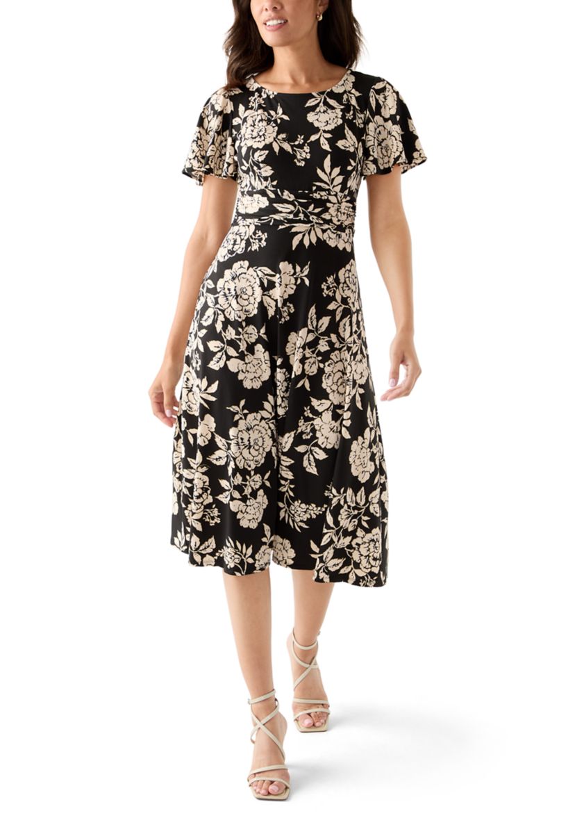 Womens Short Sleeve Floral Print Fit-and-Flare Dress