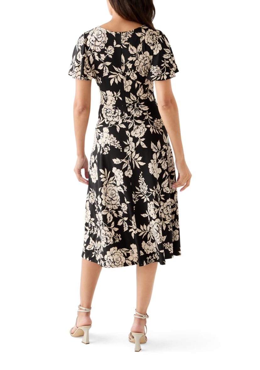 Womens Short Sleeve Floral Print Fit-and-Flare Dress