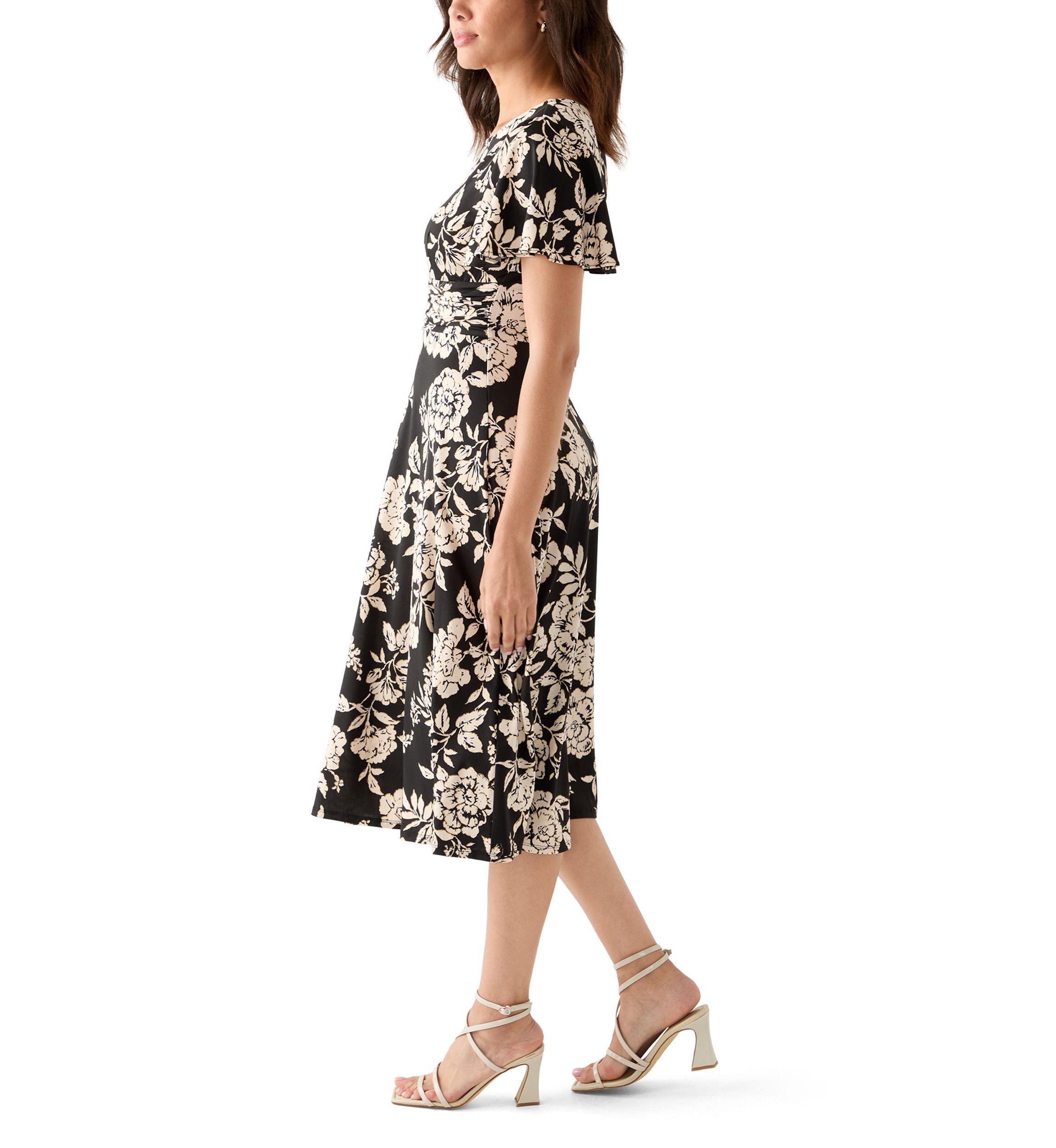 Womens Short Sleeve Floral Print Fit-and-Flare Dress
