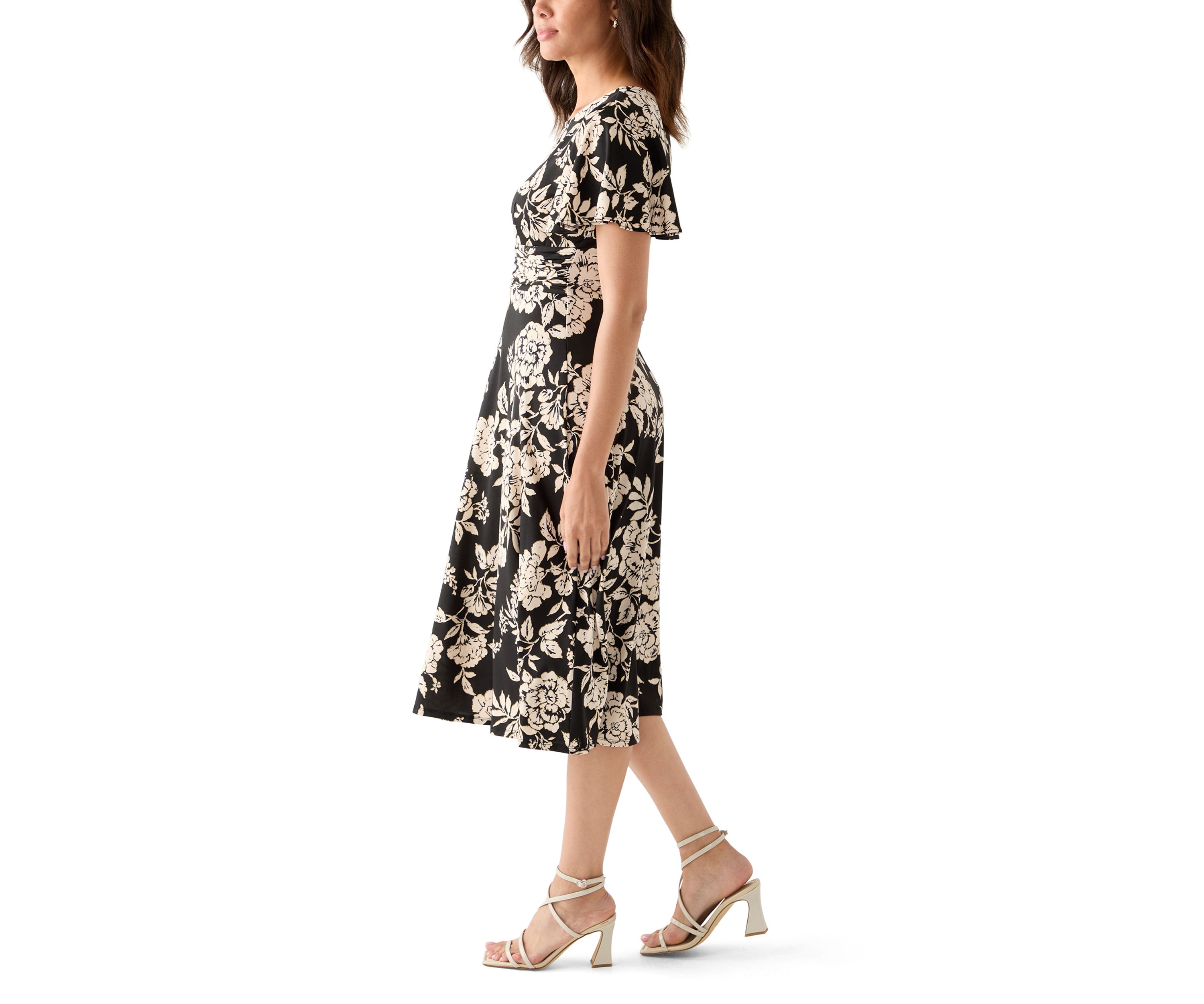 Womens Short Sleeve Floral Print Fit-and-Flare Dress