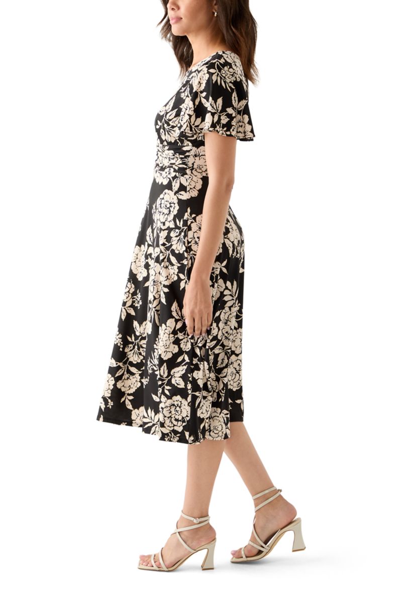 Womens Short Sleeve Floral Print Fit-and-Flare Dress