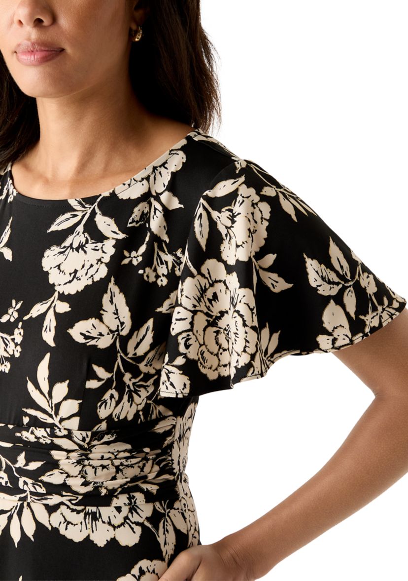 Womens Short Sleeve Floral Print Fit-and-Flare Dress