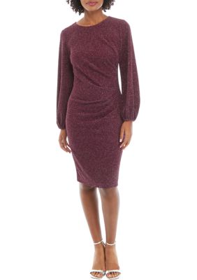 Women's Blouson Sleeve Glitter Knit Sheath Dress