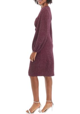 Women's Blouson Sleeve Glitter Knit Sheath Dress