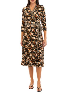 Women's 3/4 Sleeve V-Neck Floral Printed Wrap Dress