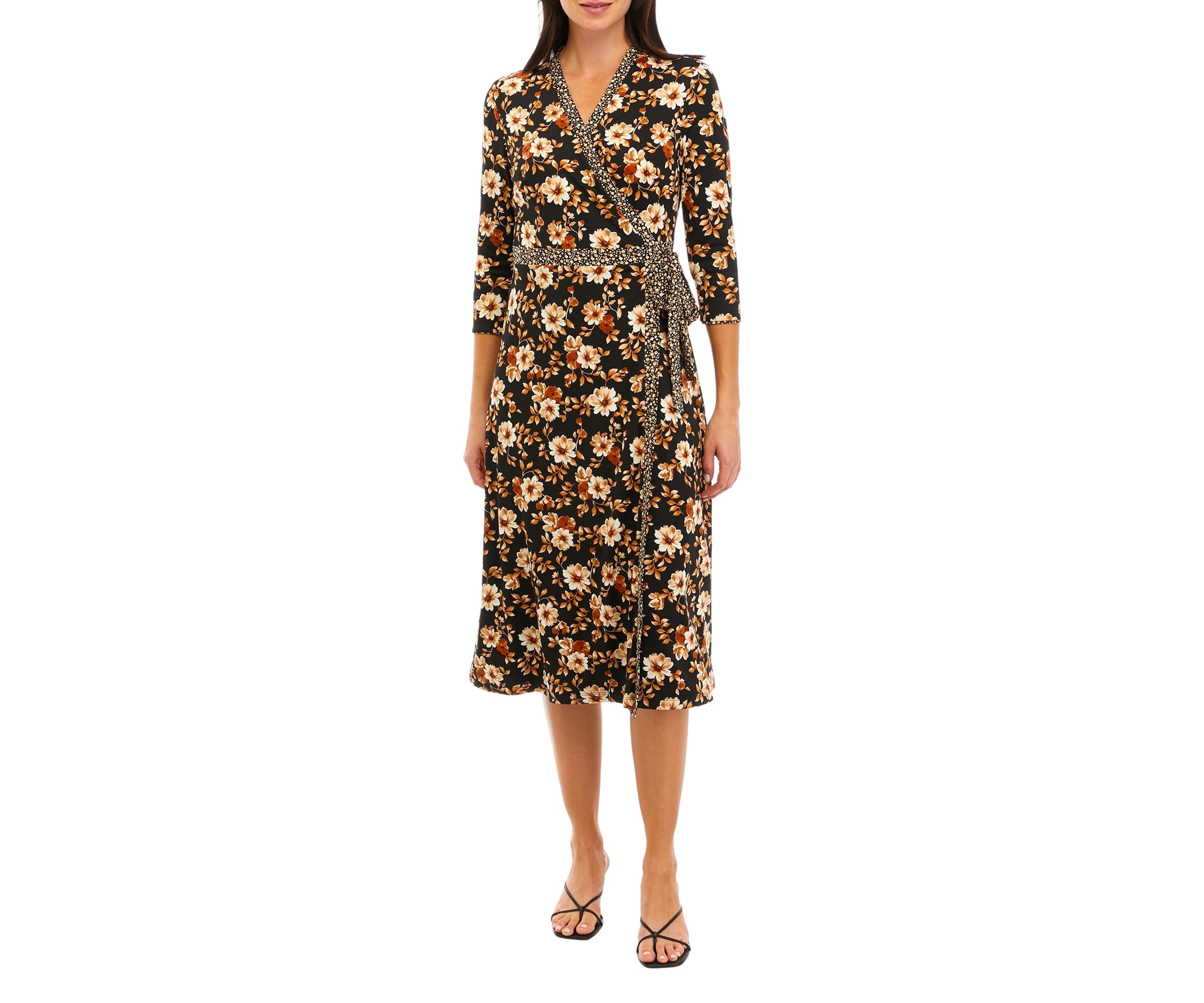 Womens 3/4 Sleeve V-Neck Floral Printed Wrap Dress