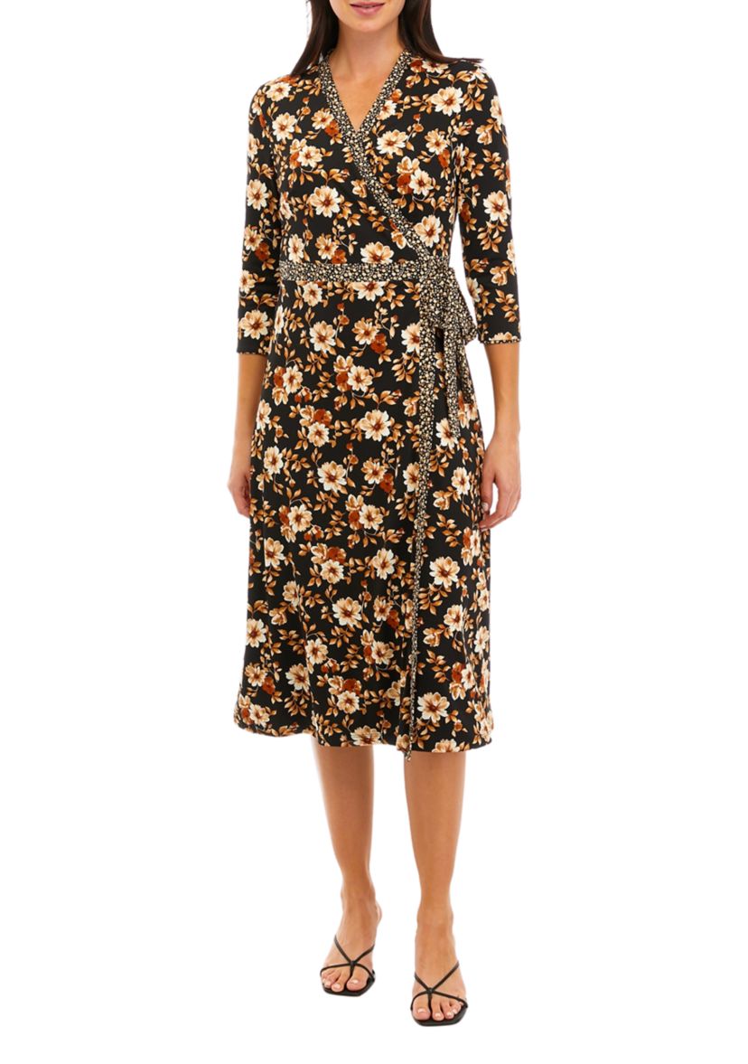 Womens 3/4 Sleeve V-Neck Floral Printed Wrap Dress