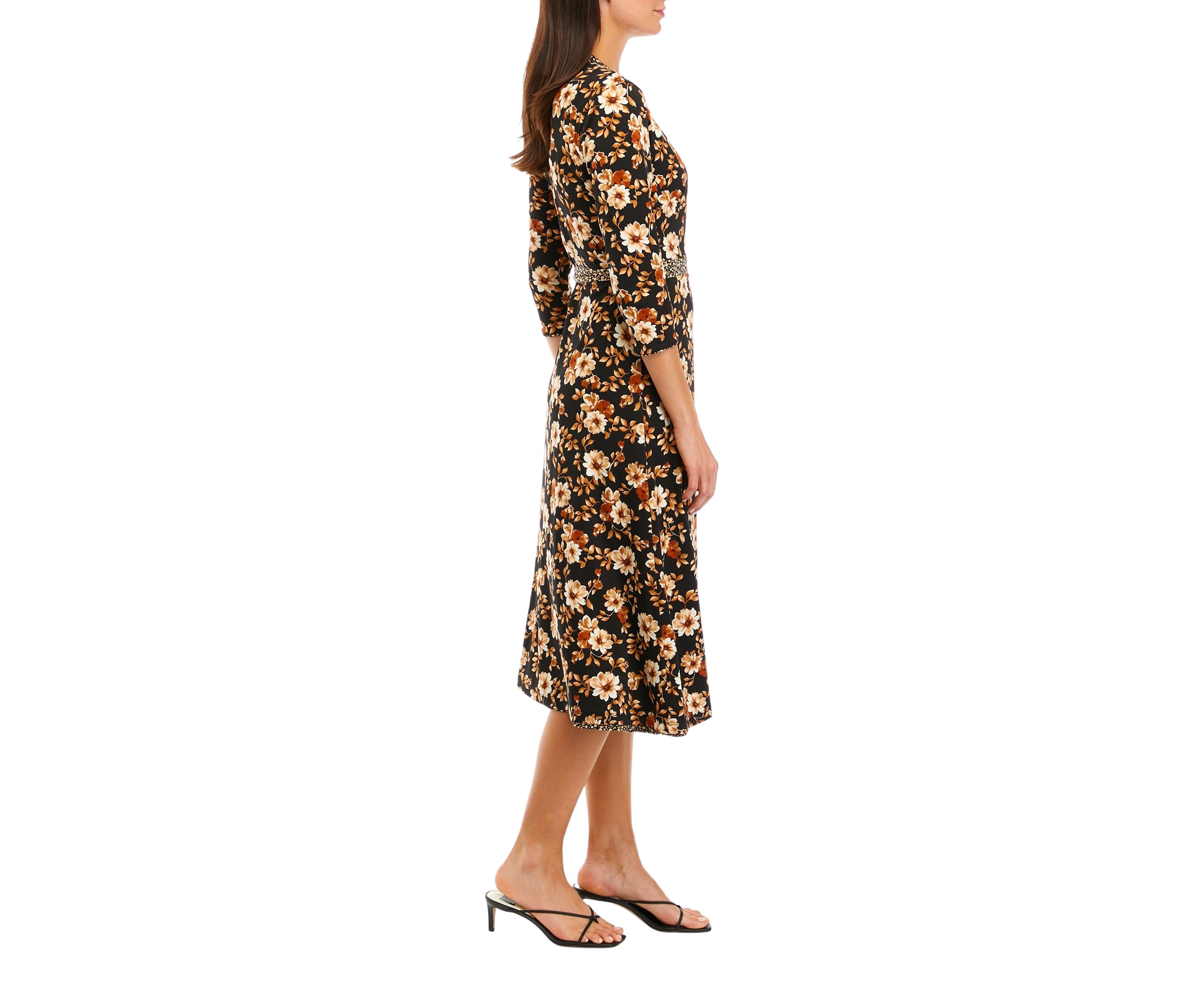 Womens 3/4 Sleeve V-Neck Floral Printed Wrap Dress
