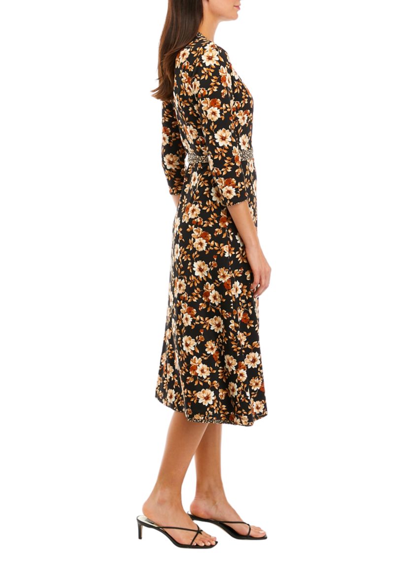 Womens 3/4 Sleeve V-Neck Floral Printed Wrap Dress