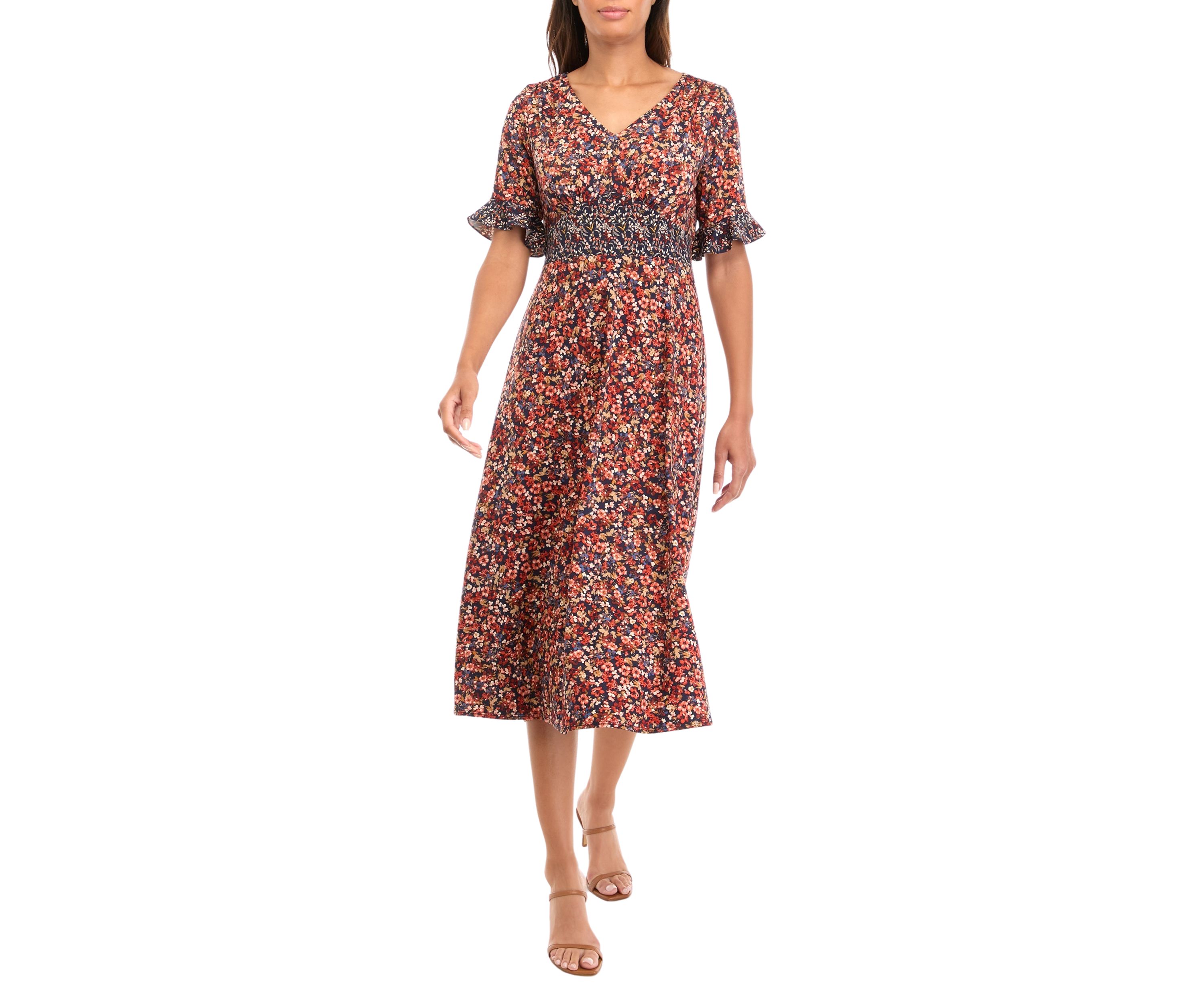 Womens Short Sleeve Flare V-Neck Ditsy Print Fit and Flare Dress