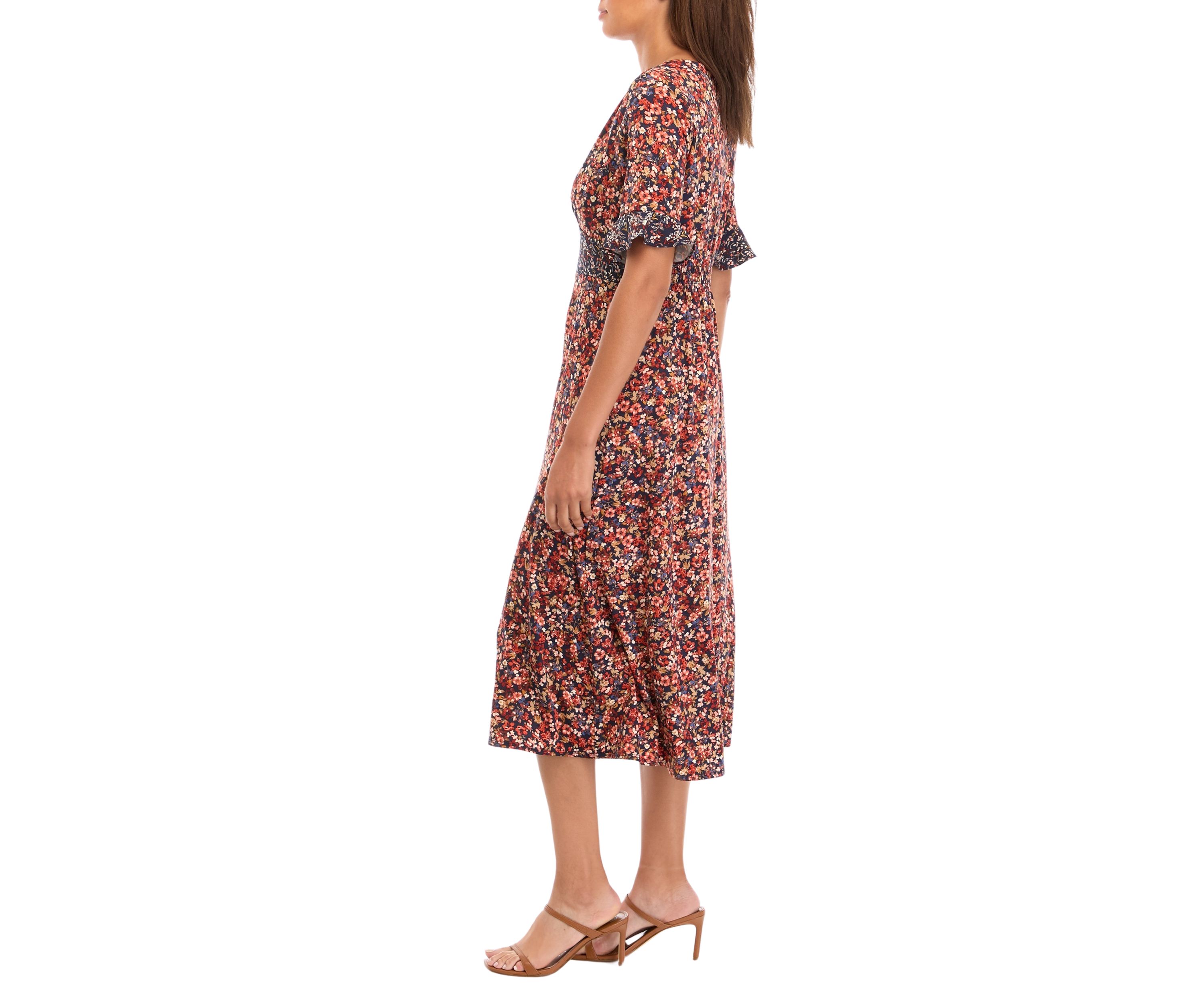 Womens Short Sleeve Flare V-Neck Ditsy Print Fit and Flare Dress