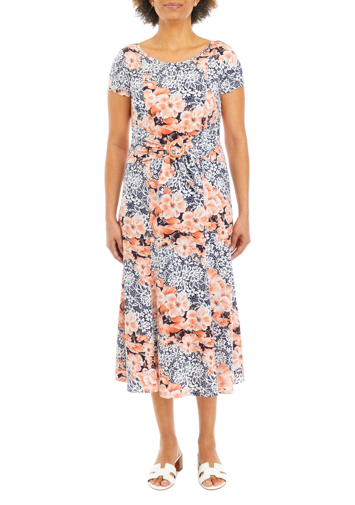 Womens Cap Sleeve Floral Print Midi Dress