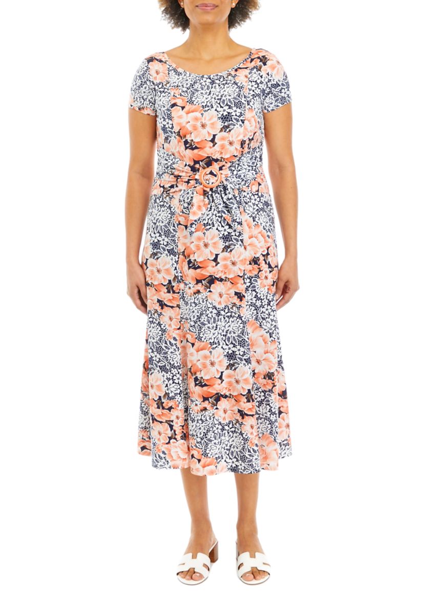 Womens Cap Sleeve Floral Print Midi Dress
