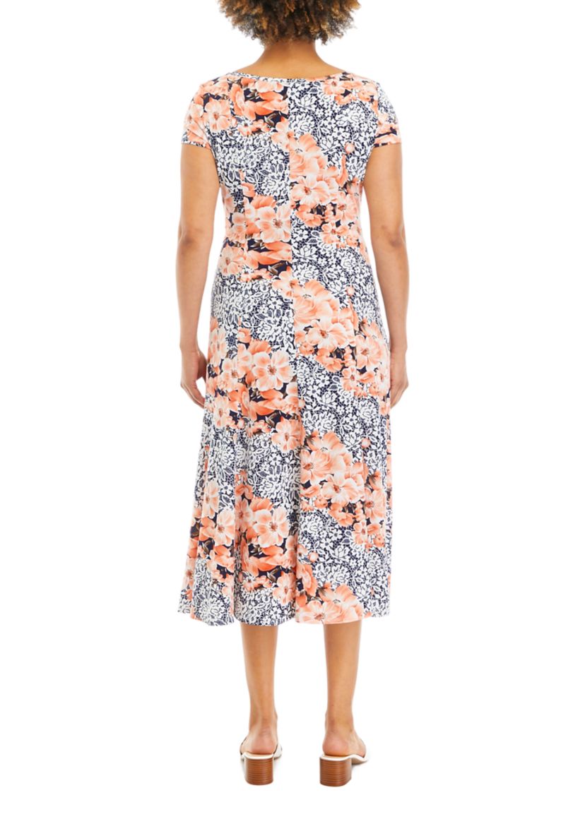 Womens Cap Sleeve Floral Print Midi Dress