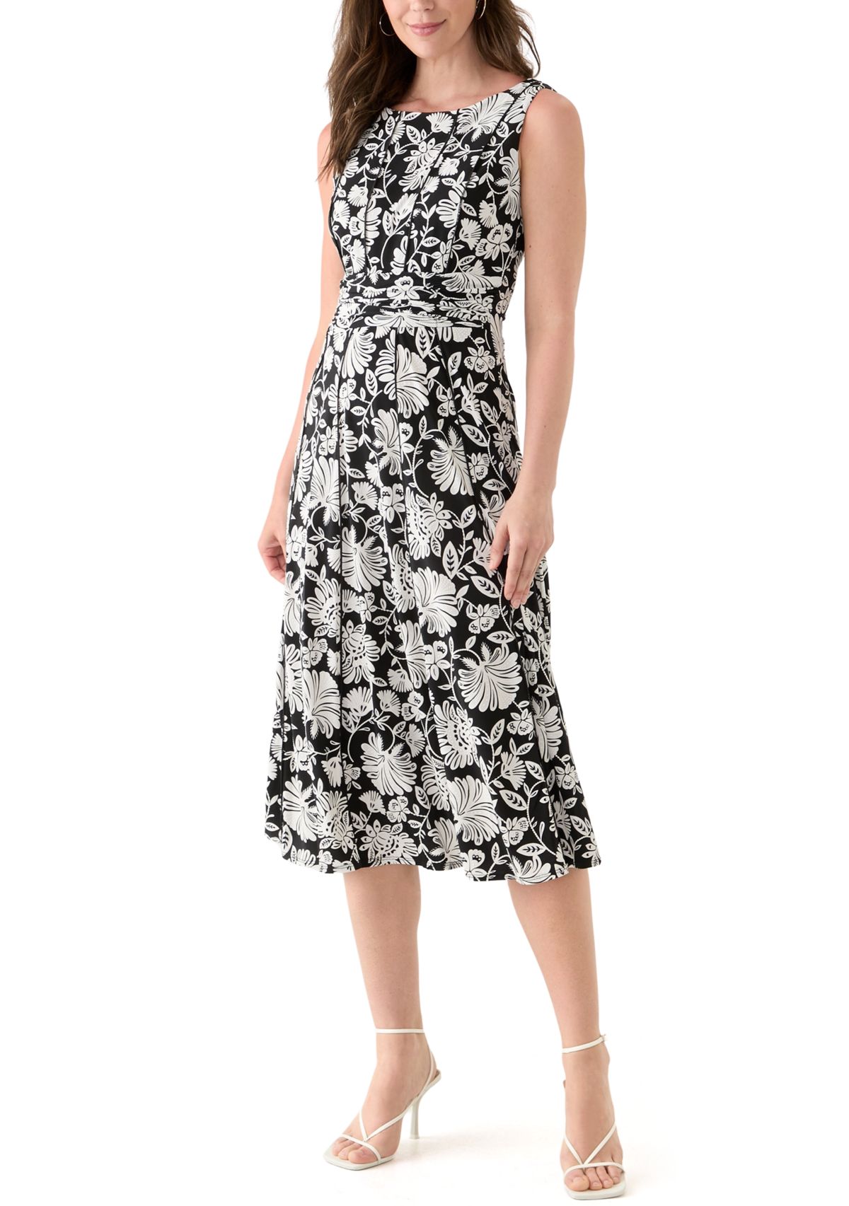 Womens Sleeveless Crew Neck Floral Print Dress 