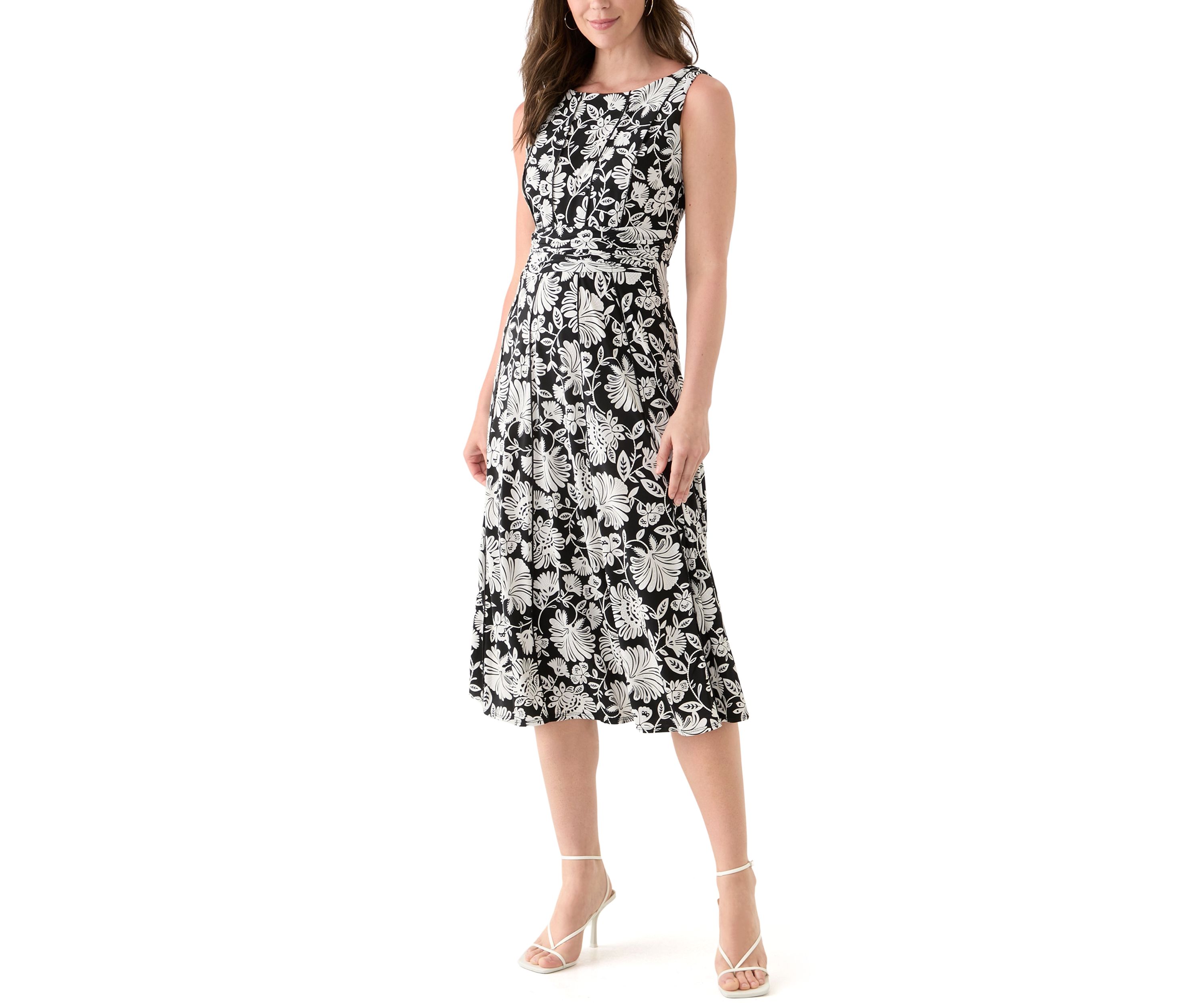 Womens Sleeveless Crew Neck Floral Print Dress 
