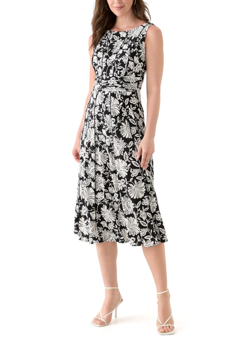 Womens Sleeveless Crew Neck Floral Print Dress 