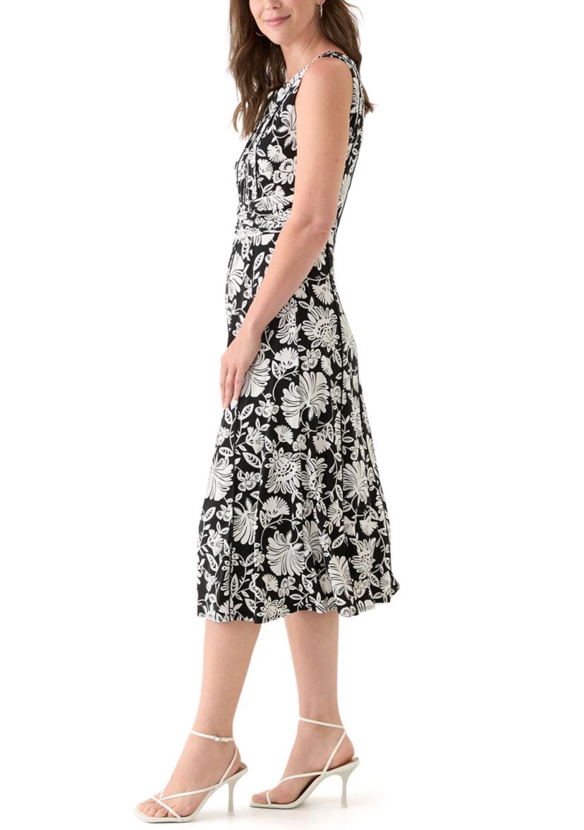 Womens Sleeveless Crew Neck Floral Print Dress 