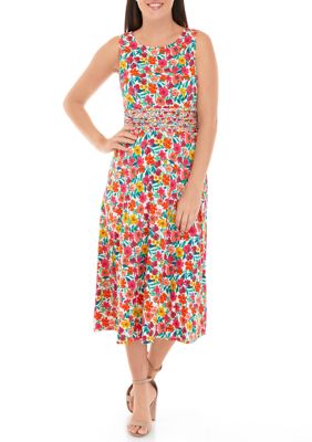 Women's Sleeveless Ruched Waist Ditsy Floral Fit and Flare Dress