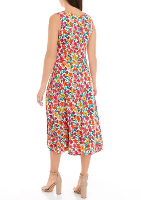 Women's Sleeveless Ruched Waist Ditsy Floral Fit and Flare Dress