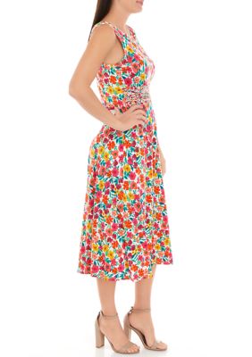 Women's Sleeveless Ruched Waist Ditsy Floral Fit and Flare Dress