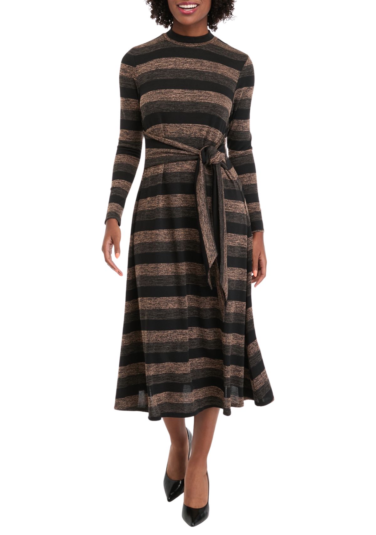 Womens Long Sleeve High Neck Striped Belted Midi Dress