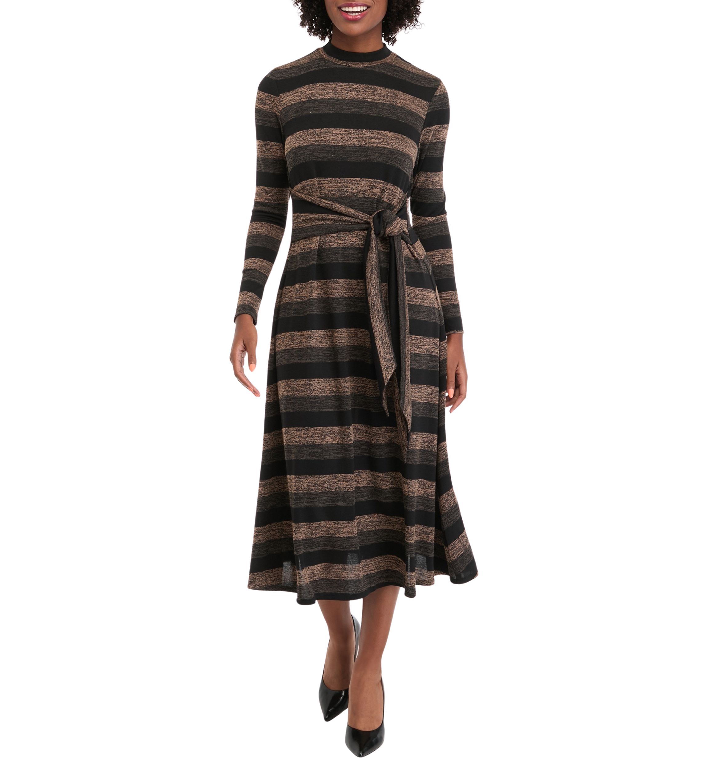 Womens Long Sleeve High Neck Striped Belted Midi Dress
